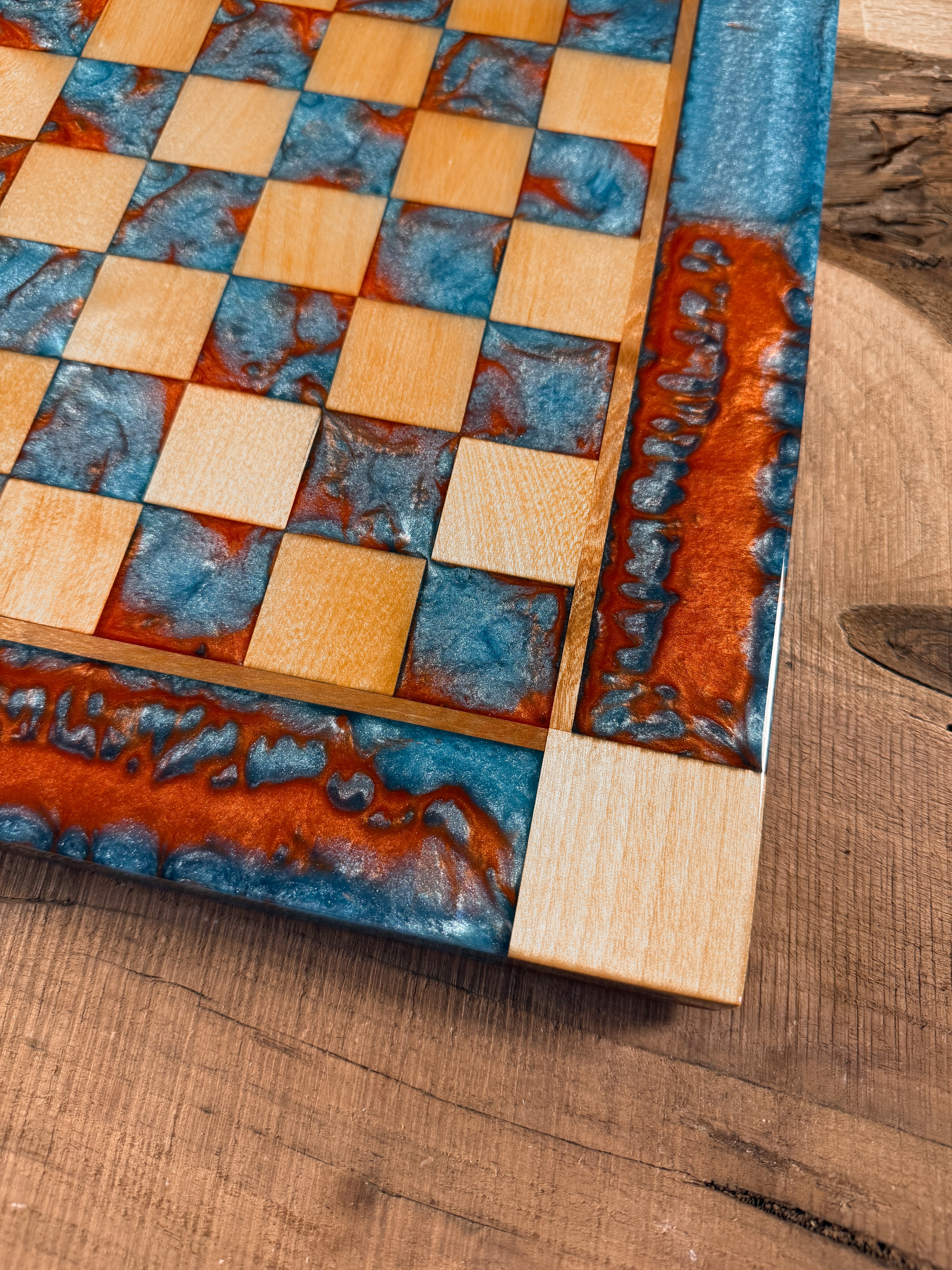 Vivid Orange Teal Maple Wood Chess Board (Chess Set Included)