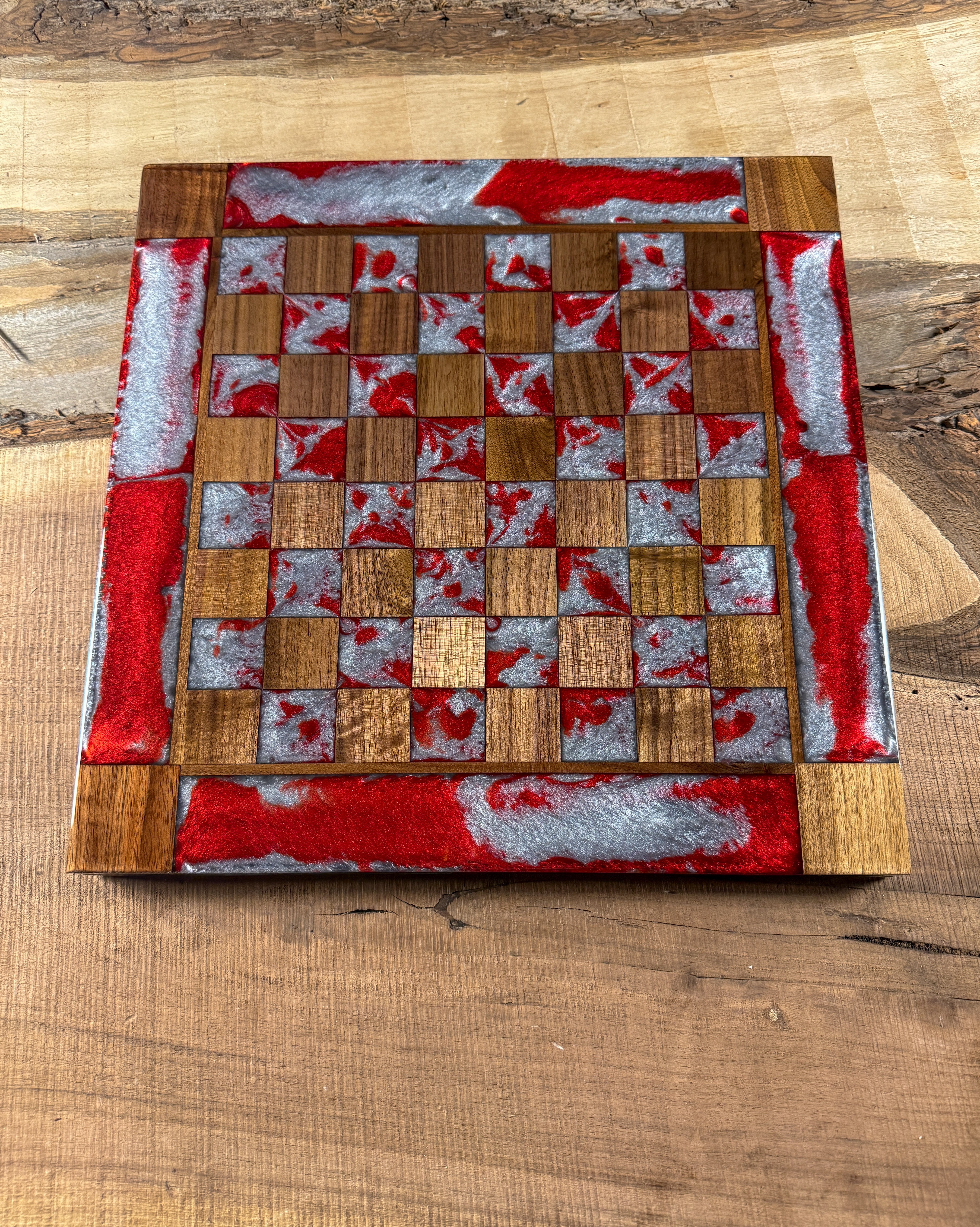 Silver Red Cloud Walnut Wood Chess Board (INCLUDES PIECES)