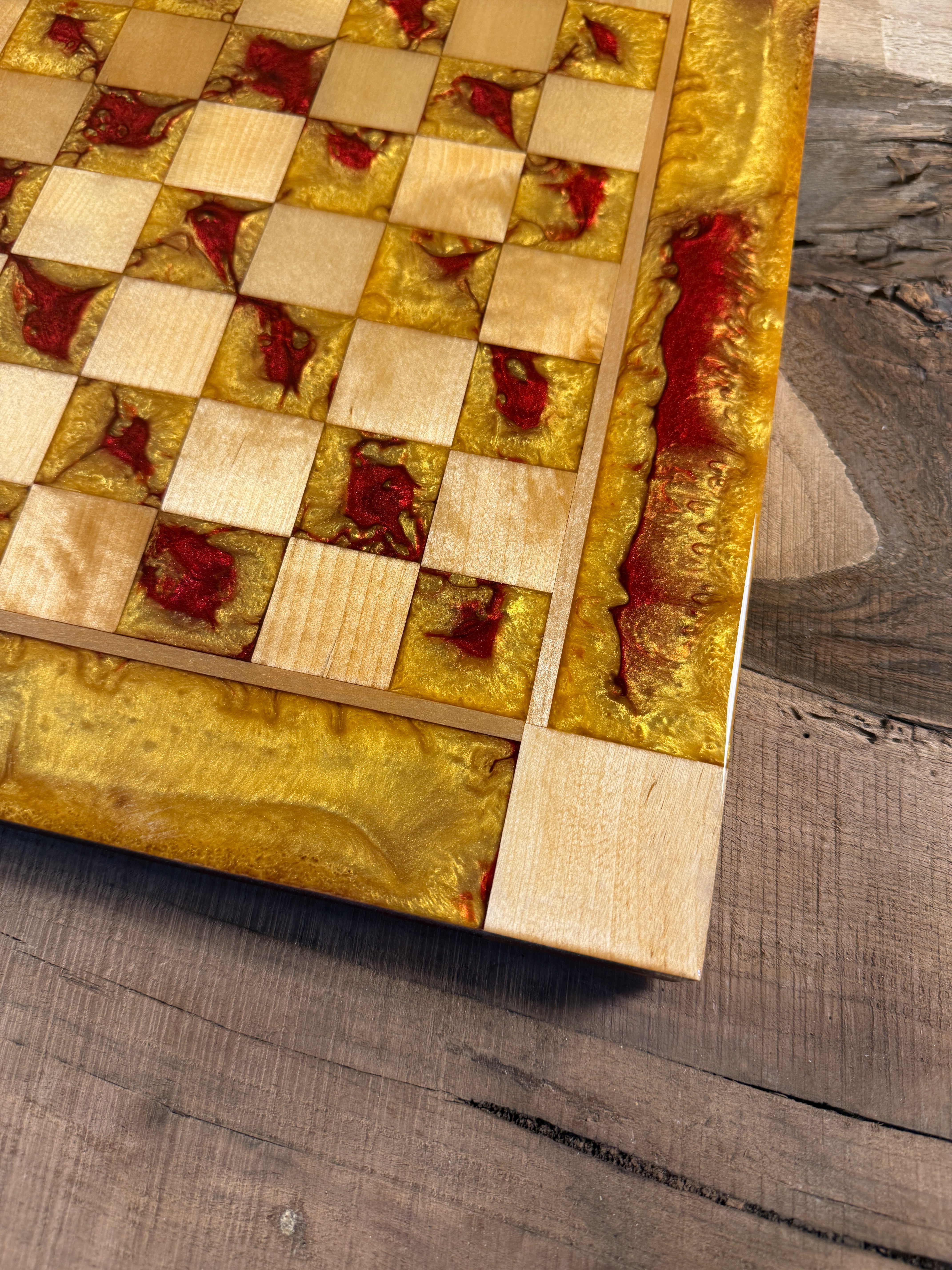 Red Lava Golden Maple Wood Chess Board (Chess Set Included)