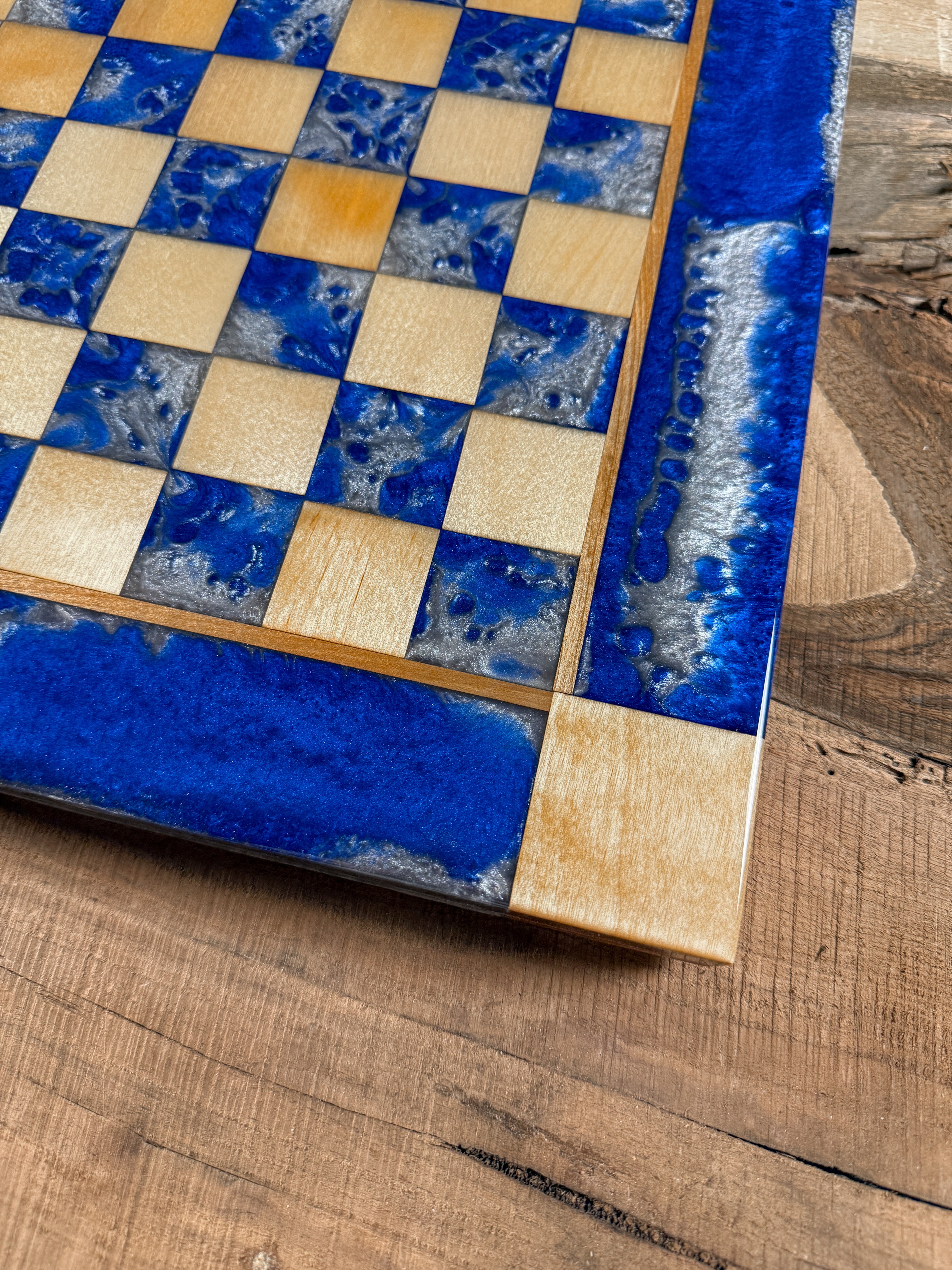 Deep Blue Silver Cloud Maple Wood Chess Board (Chess Set Included)