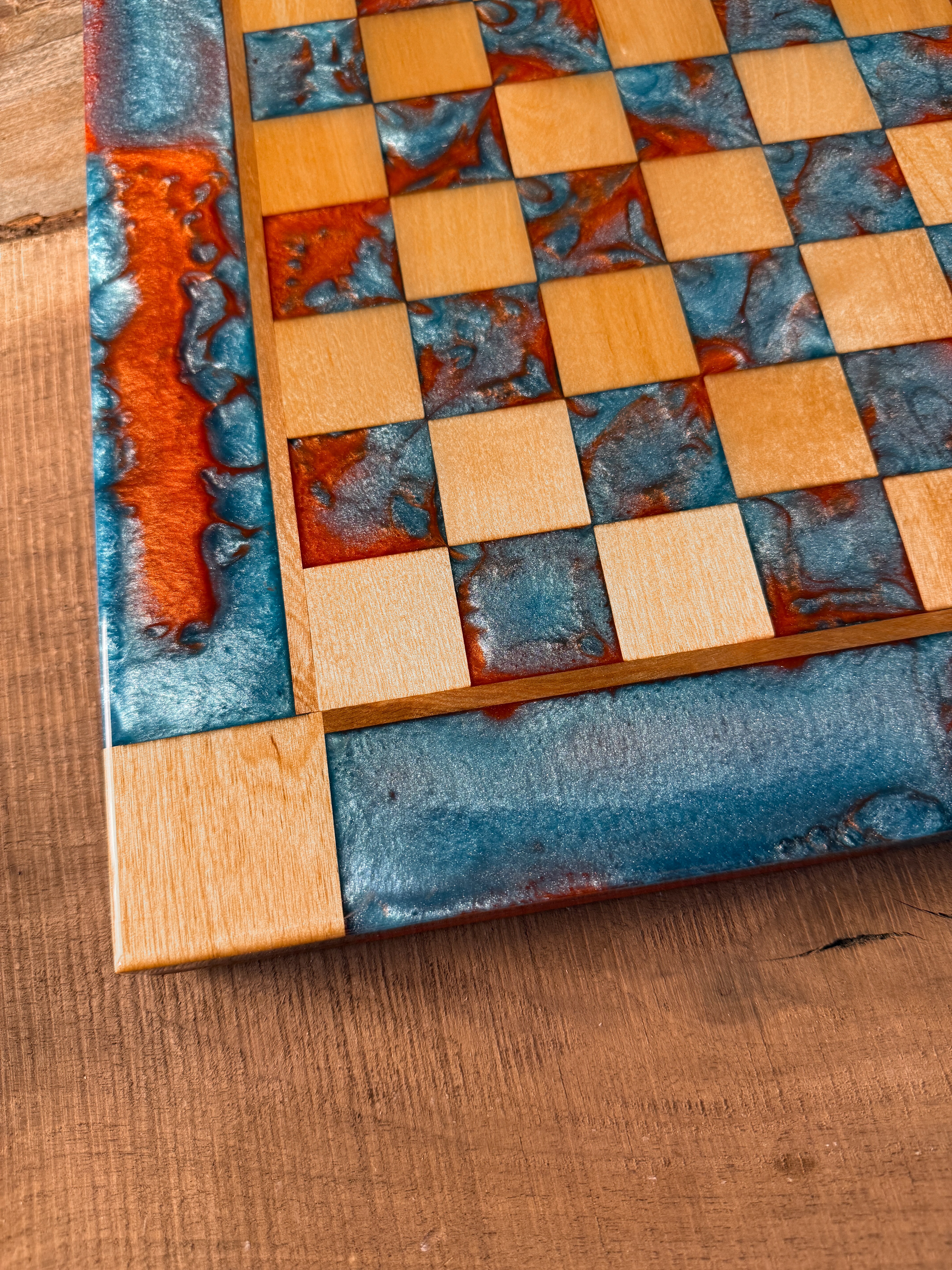 Vivid Orange Teal Maple Wood Chess Board (Chess Set Included)