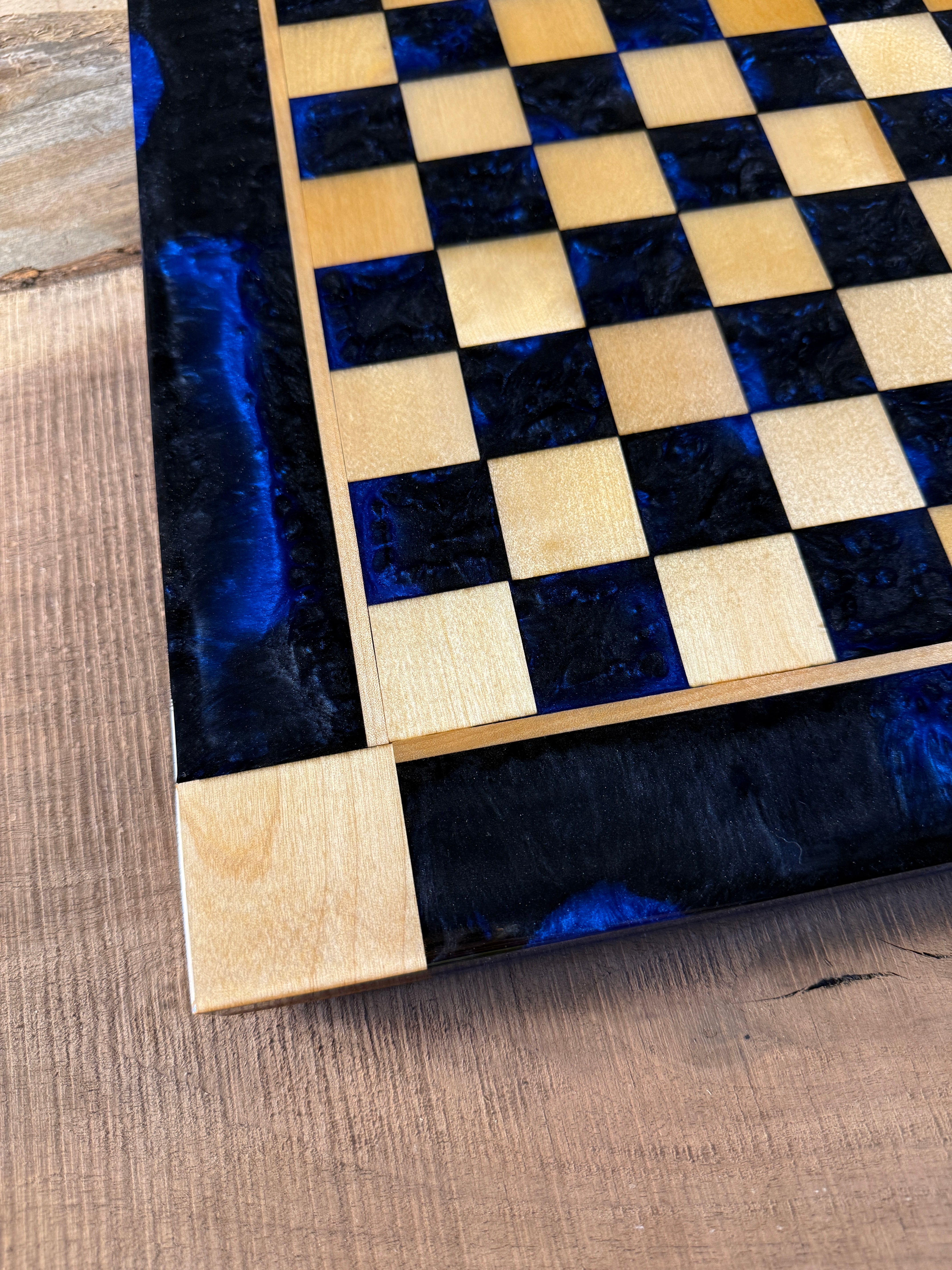 Black Onyx Deep Blue Maple Wood Chess Board (Chess Set Included)