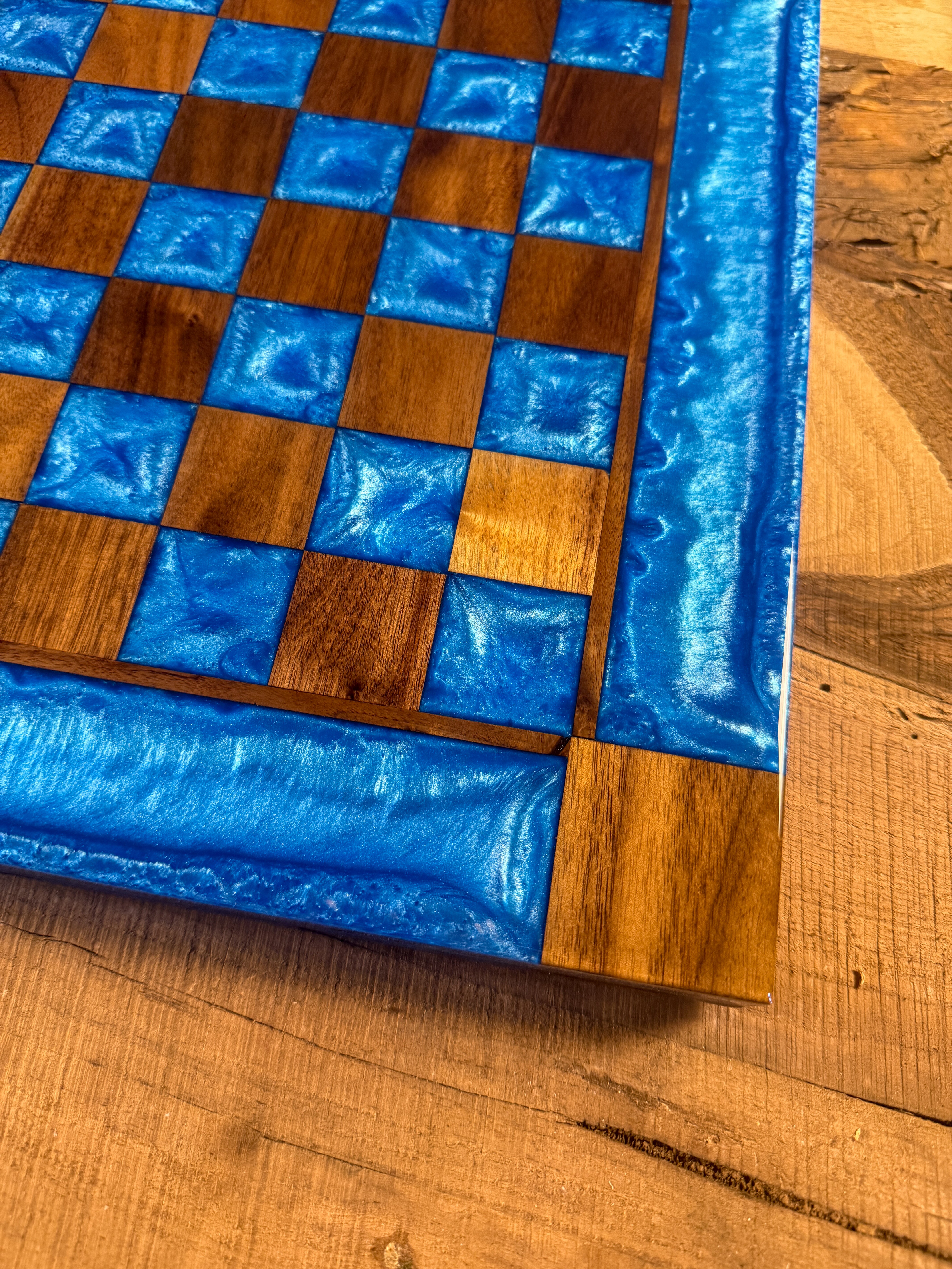 Caribbean Blue Black Walnut Chess Board (Chess Set Included)