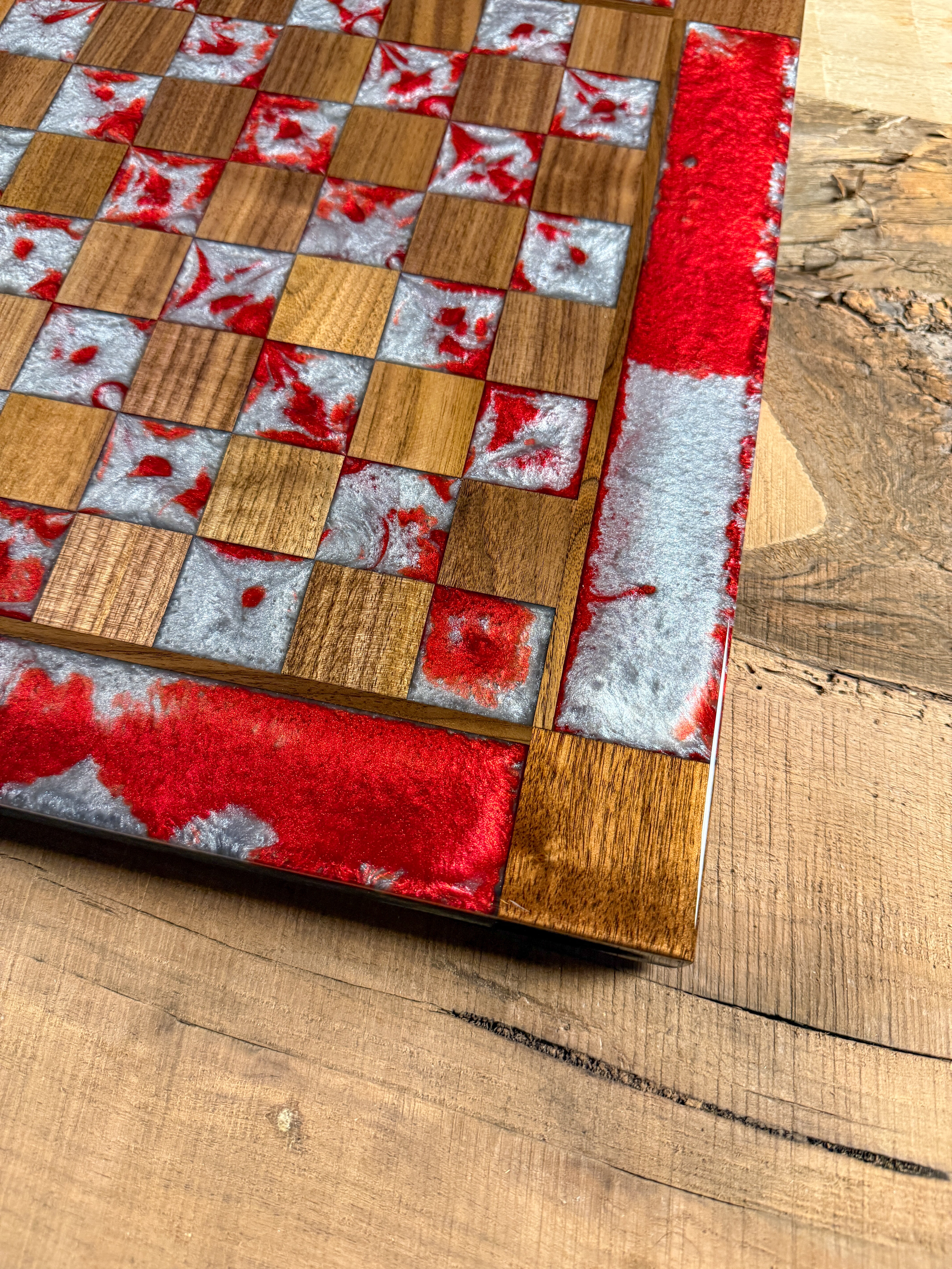 Silver Red Cloud Walnut Wood Chess Board (INCLUDES PIECES)