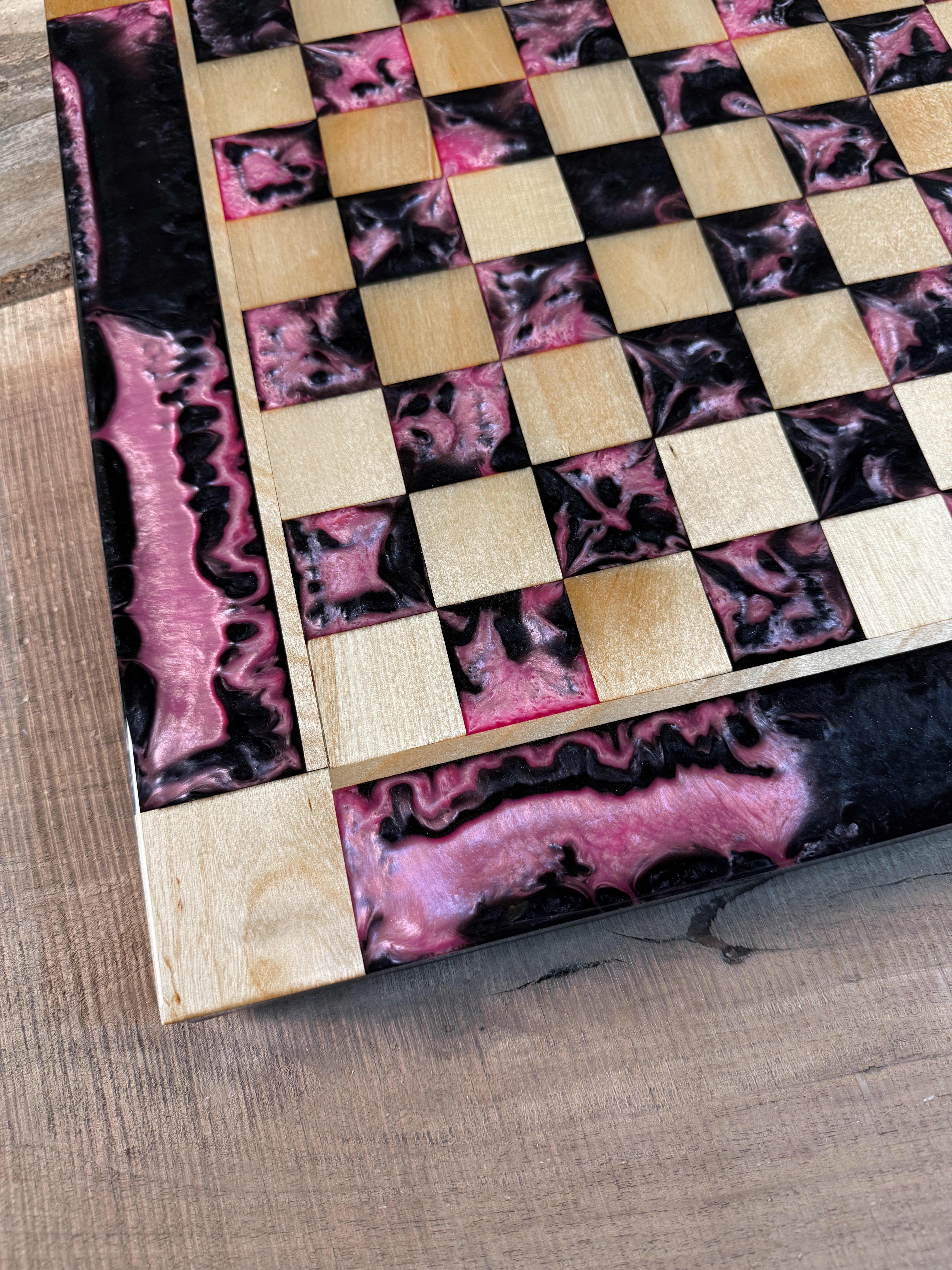 Black Onyx Pink Pearl Maple Wood Chess Board (INCLUDES PIECES)