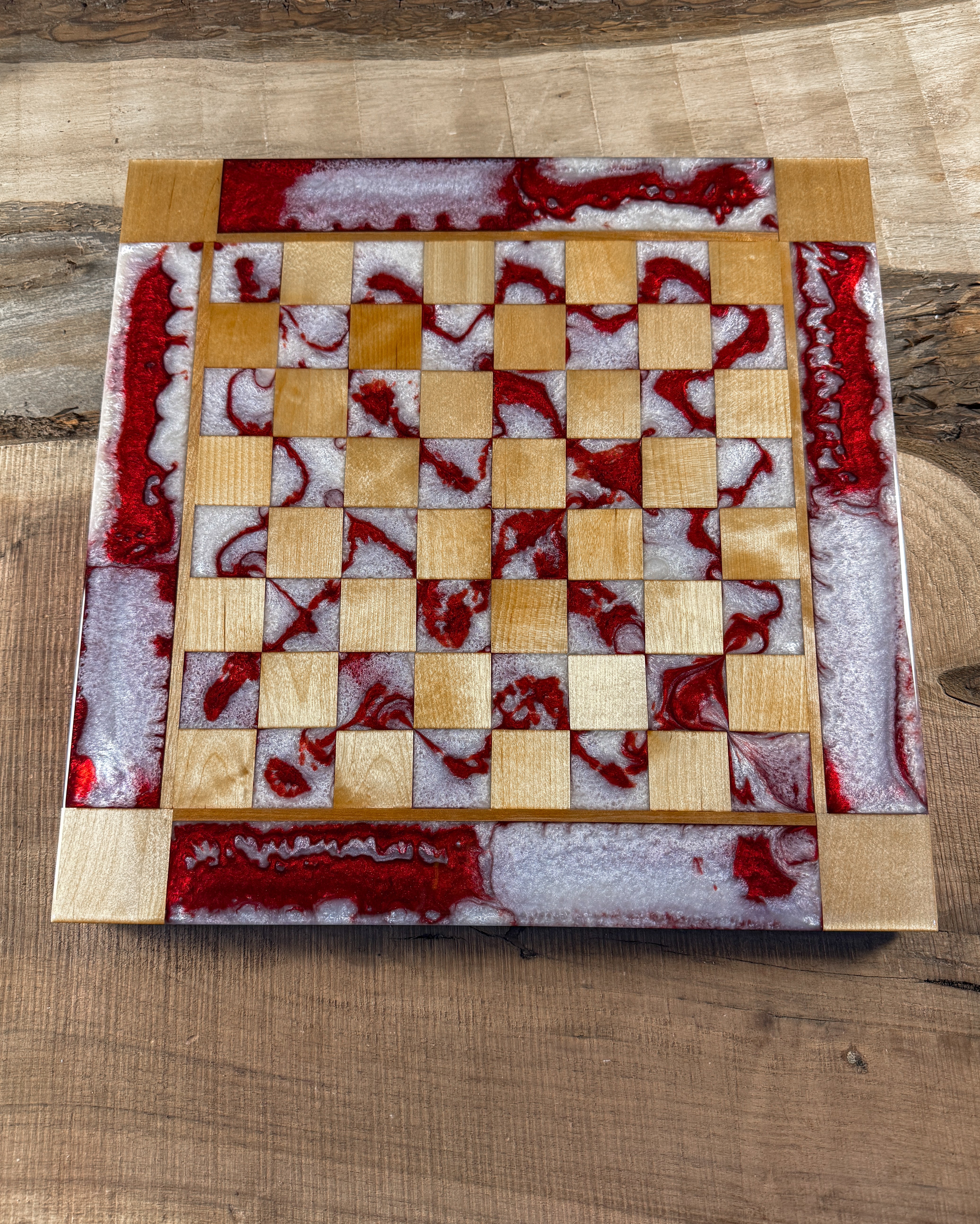 Red Lava Pearl White Maple Wood Chess Board (INCLUDES PIECES)