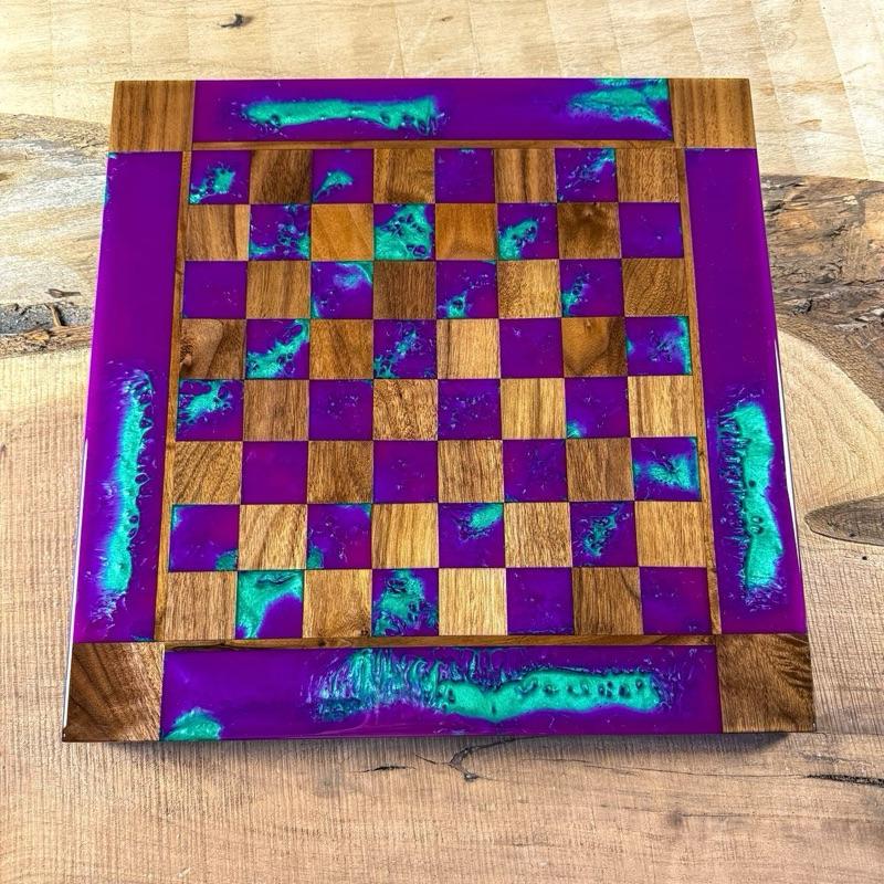 “The Joker” Florescent Purple/Jungle Green Walnut Wood Chess Board (INCLUDES PIECES)