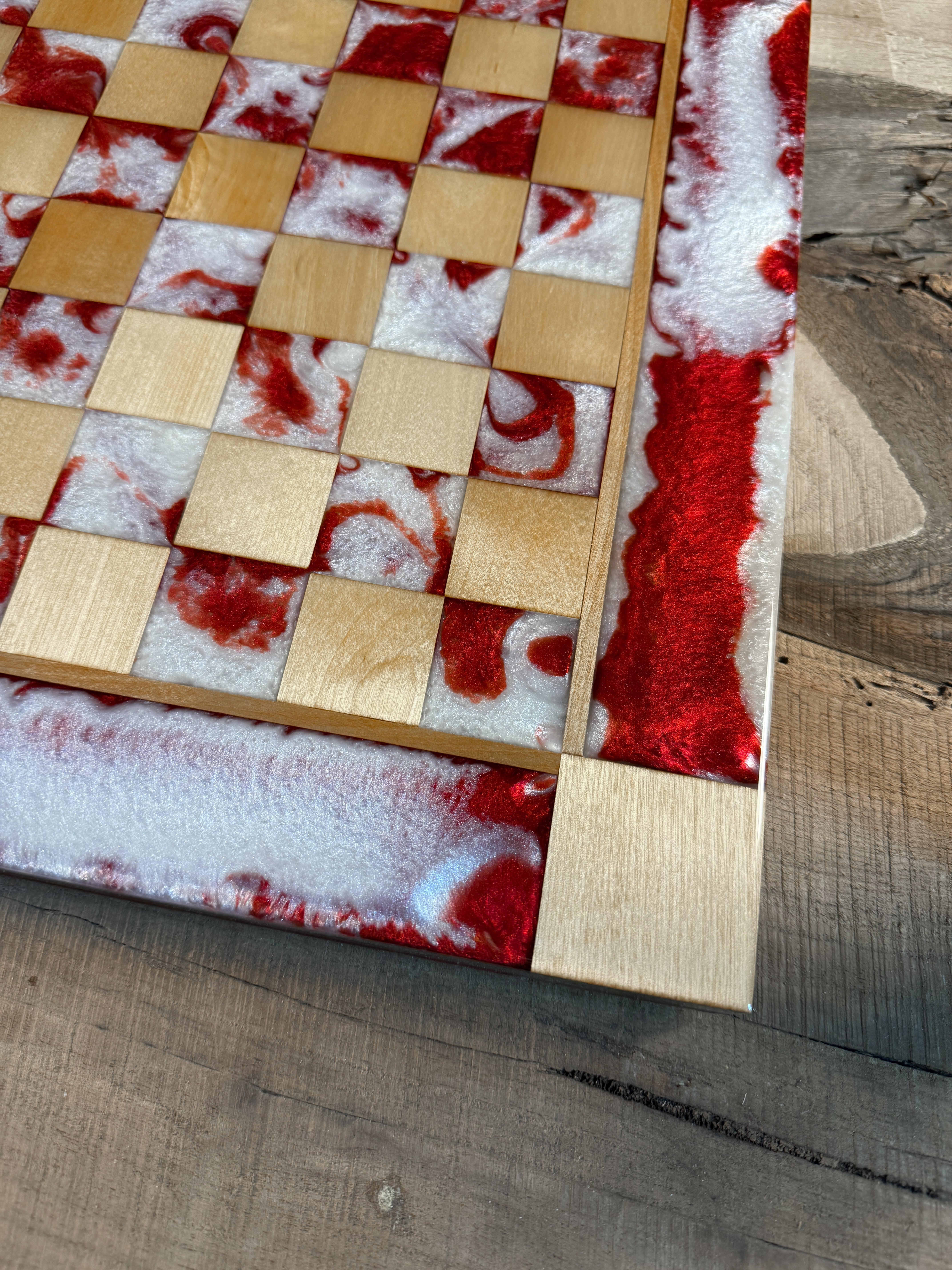Red Lava Pearl White Maple Wood Chess Board