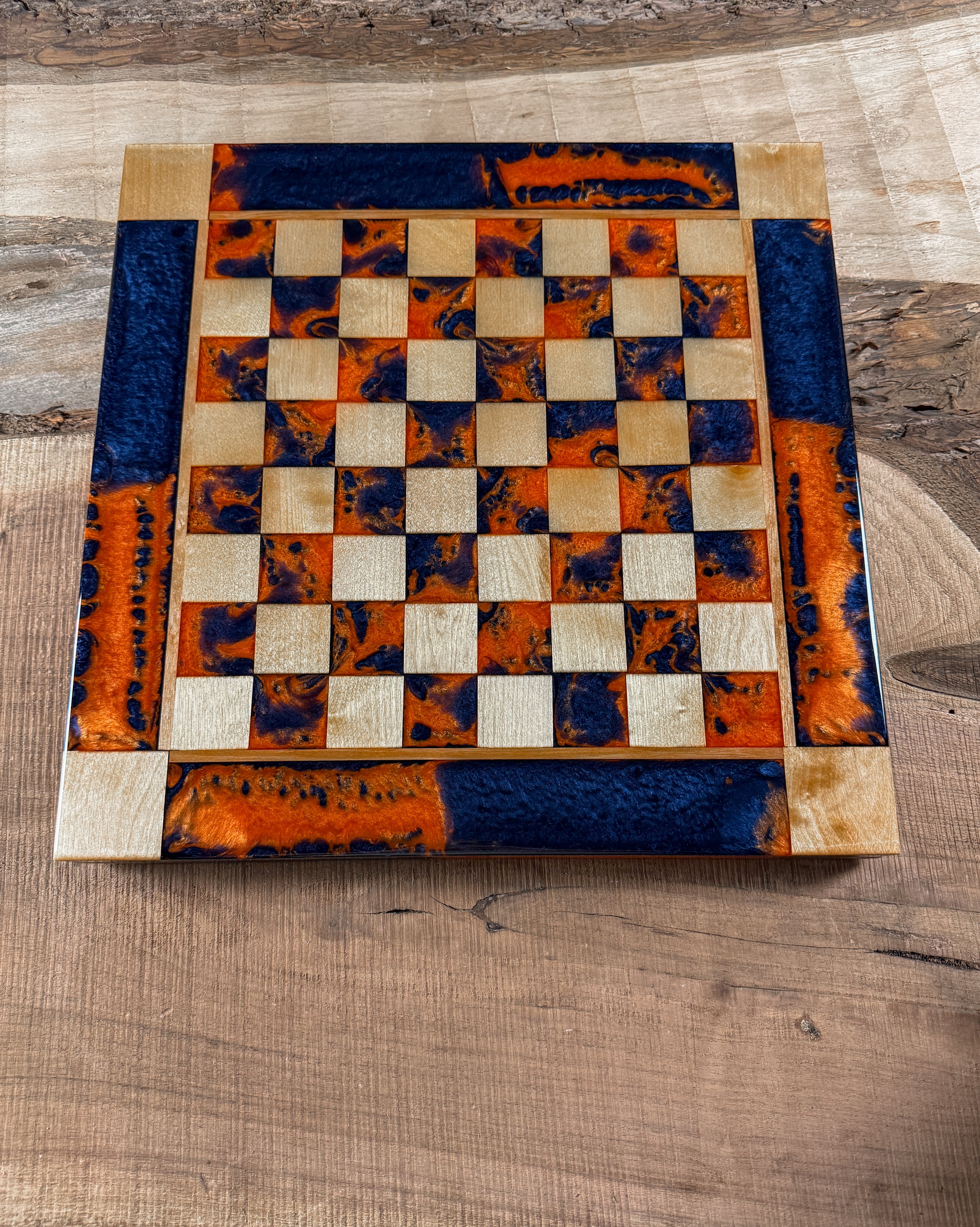 Vivid Orange Dark Blue Maple Wood Chess Checker Board (Chess Set Included)
