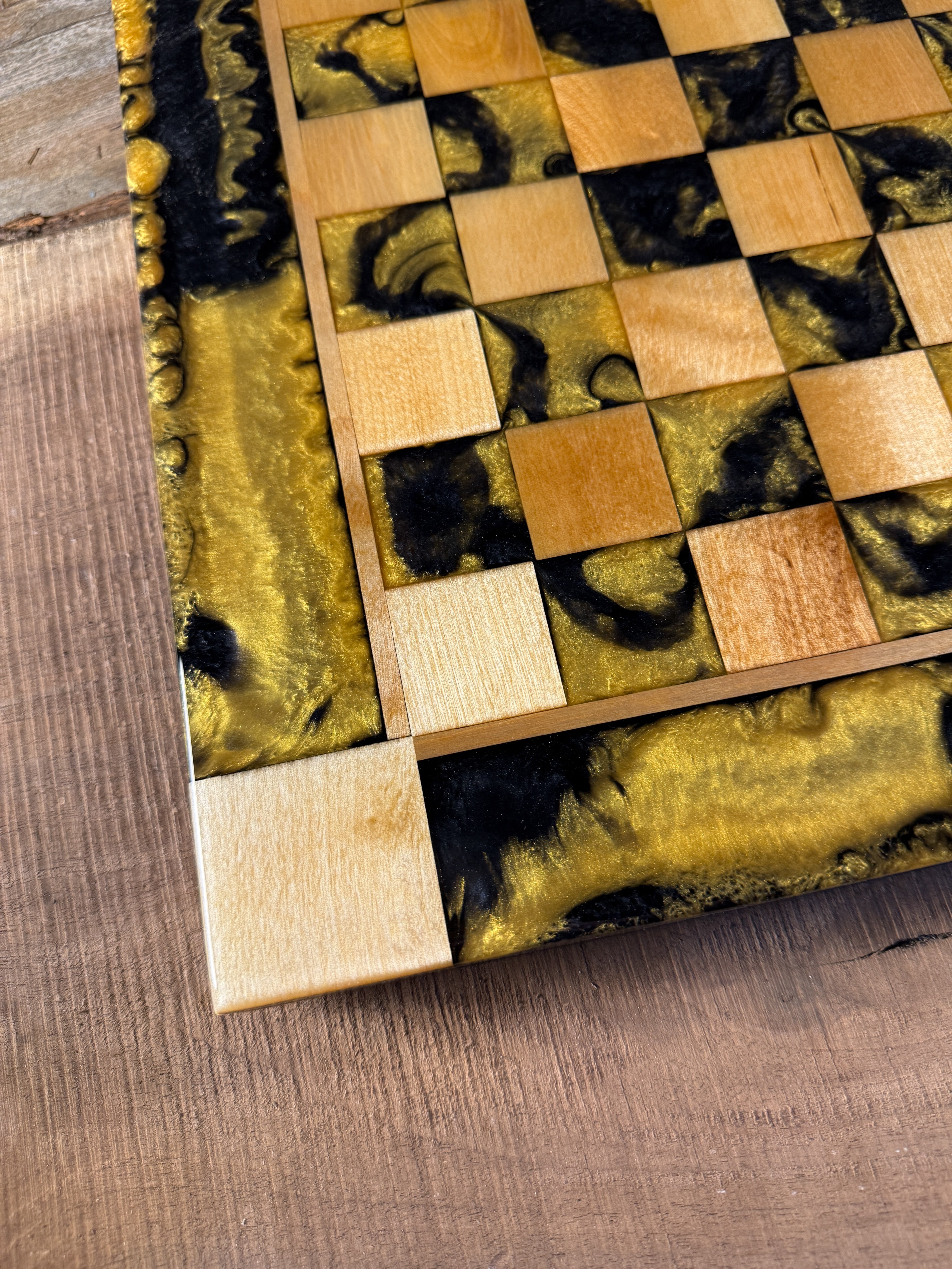 Golden Black Onyx Maple Wood Chess Board (Chess Set Included)