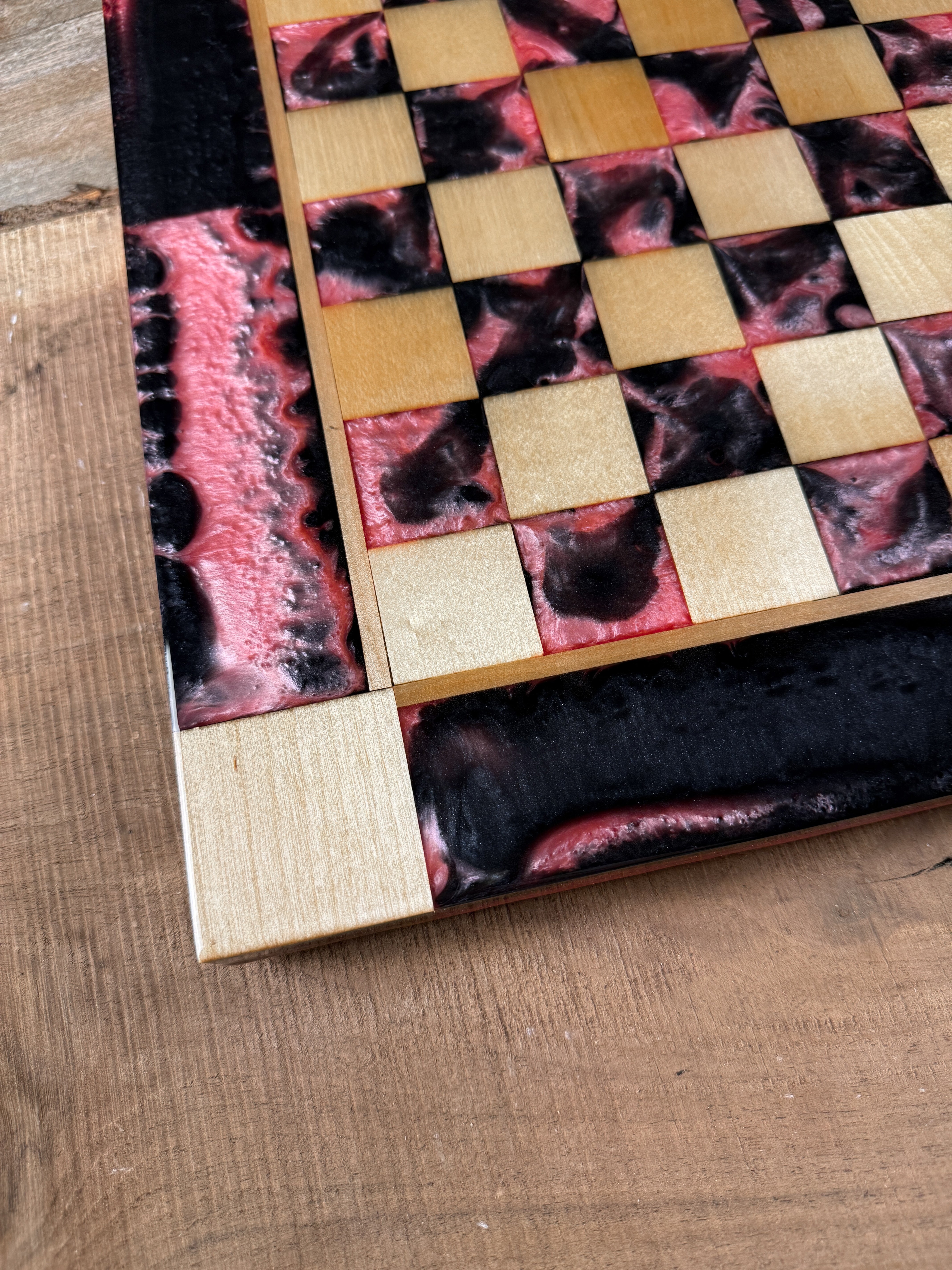 Black Onyx Pink Pearl Maple Wood Chess Board (INCLUDES PIECES)