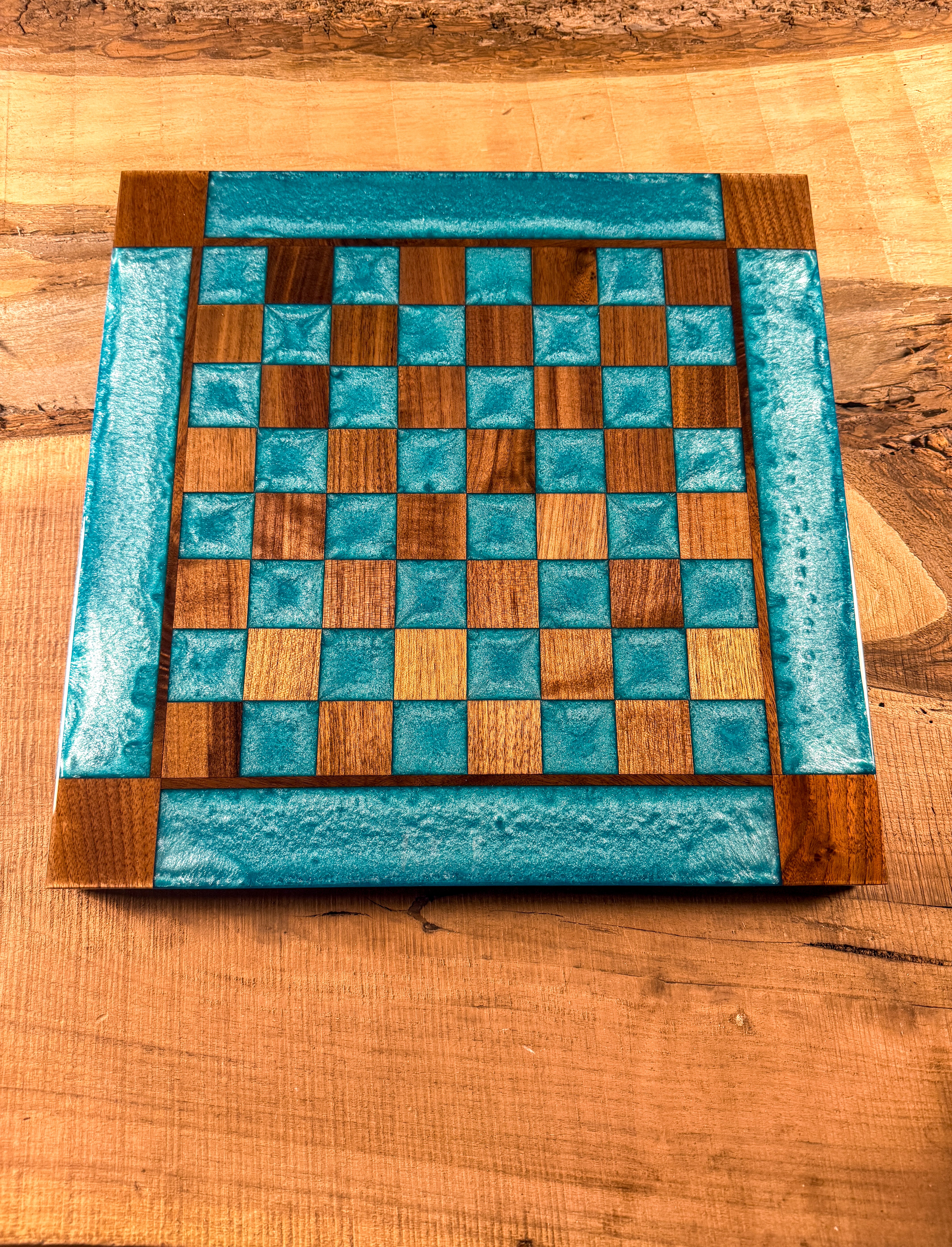 Turquoise Diamond Black Walnut Chess Board (Chess Set Included)