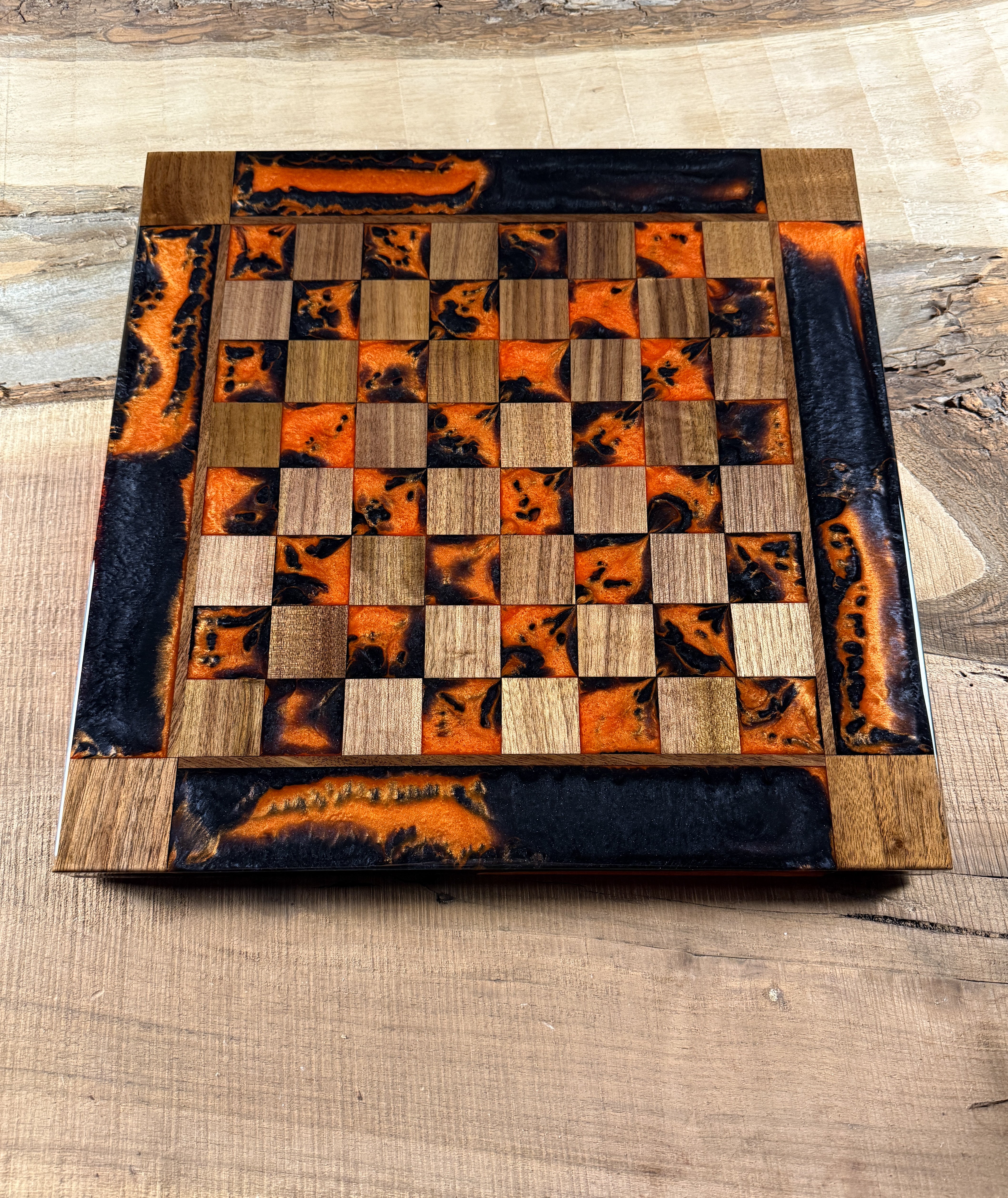 Vivid Orange Black Onyx Walnut Chess Board