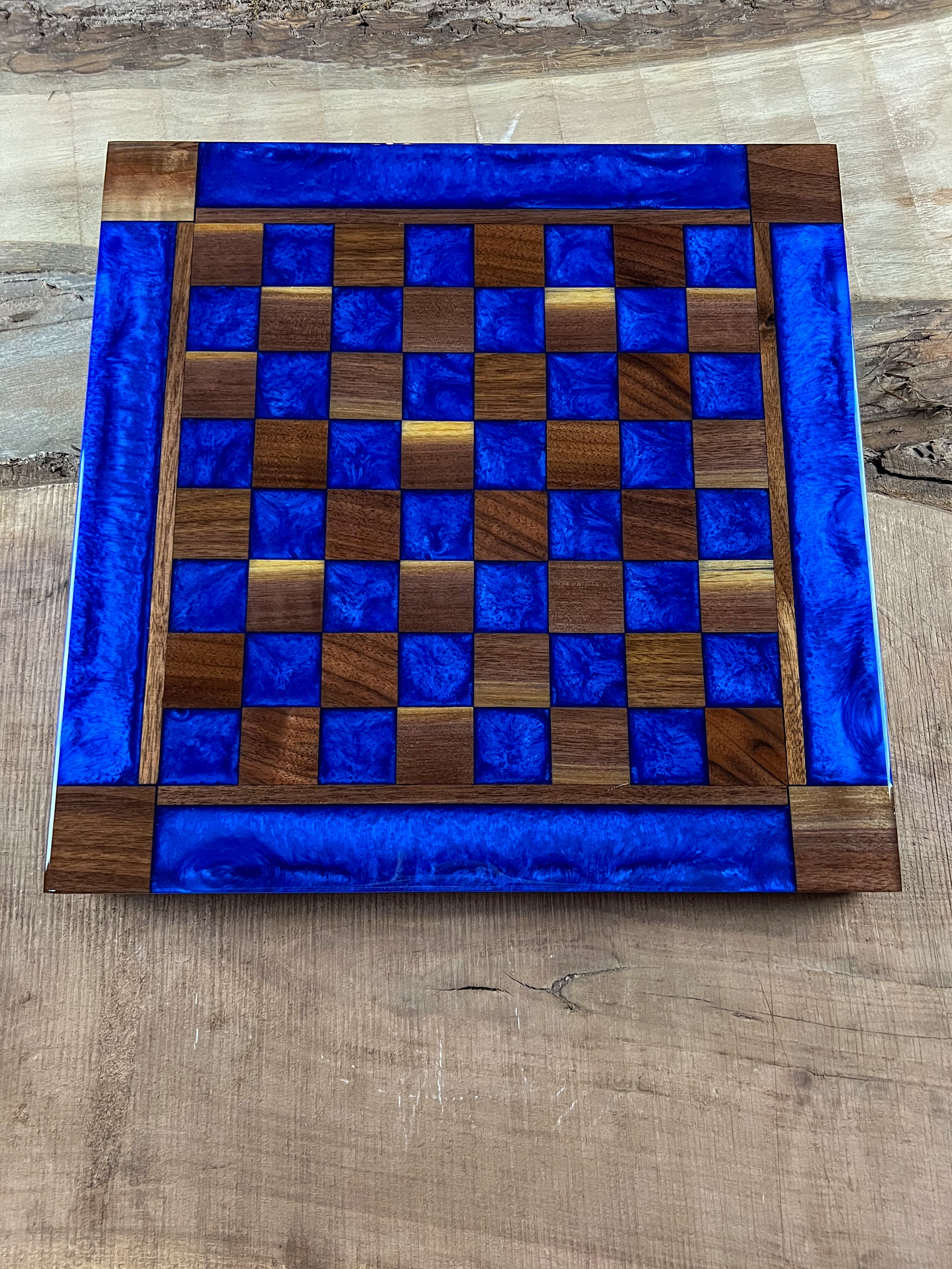 Deep Blue Walnut Chess Board (With Border)