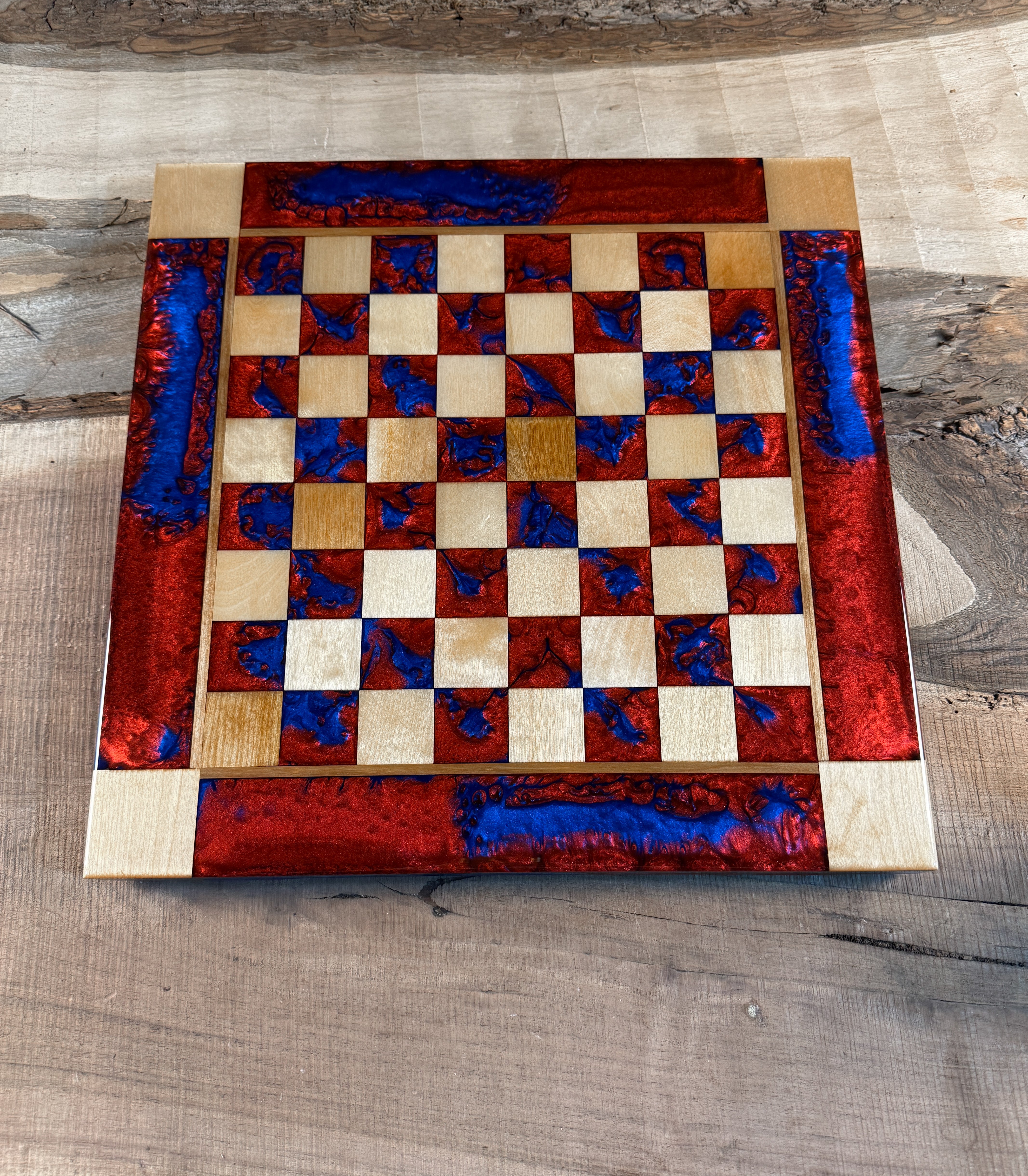 Deep Blue Red Lava Maple Wood Chess Board
