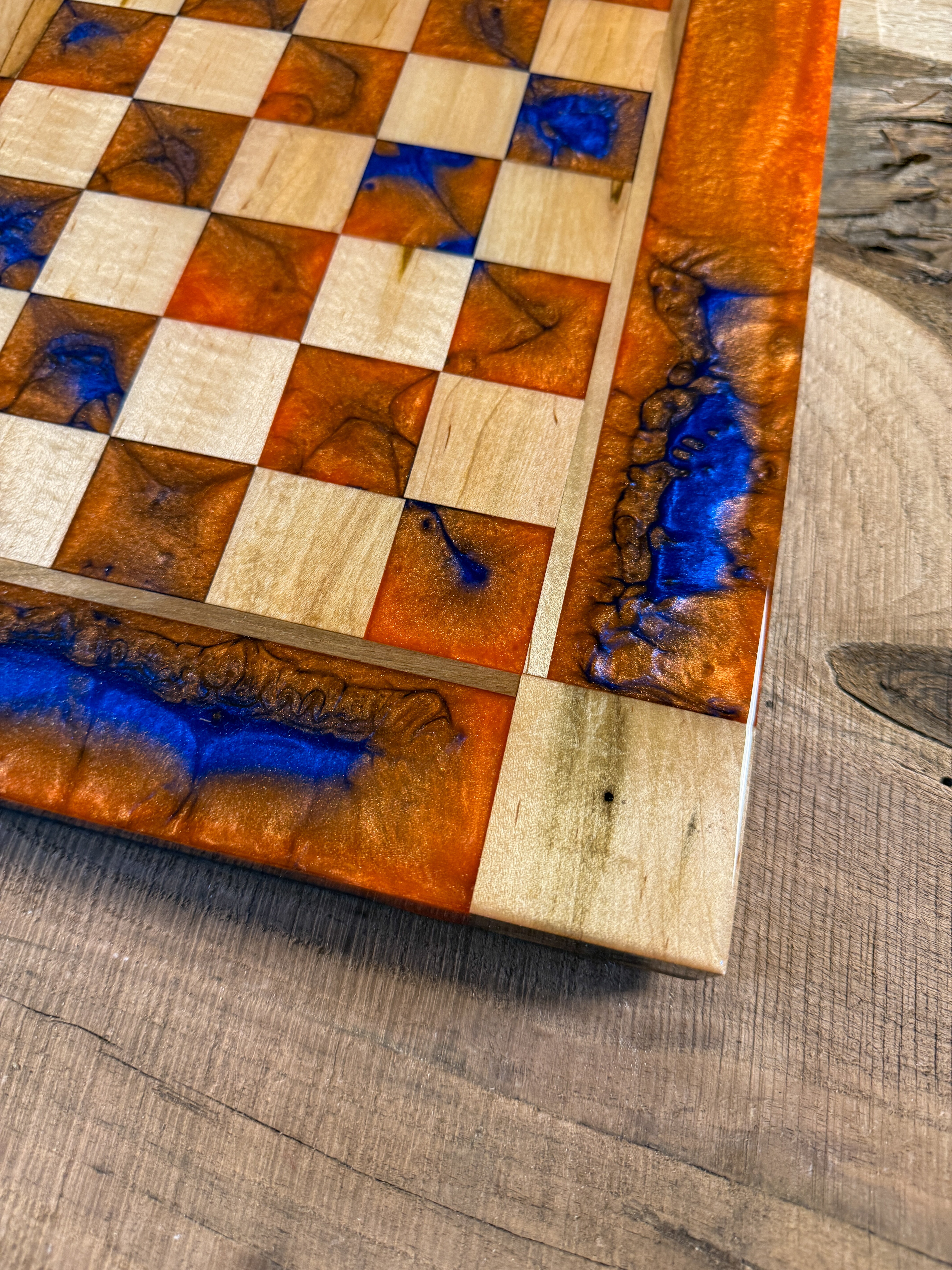Deep Blue Vivid Orange Maple Wood Chess Board (Chess Set Included)