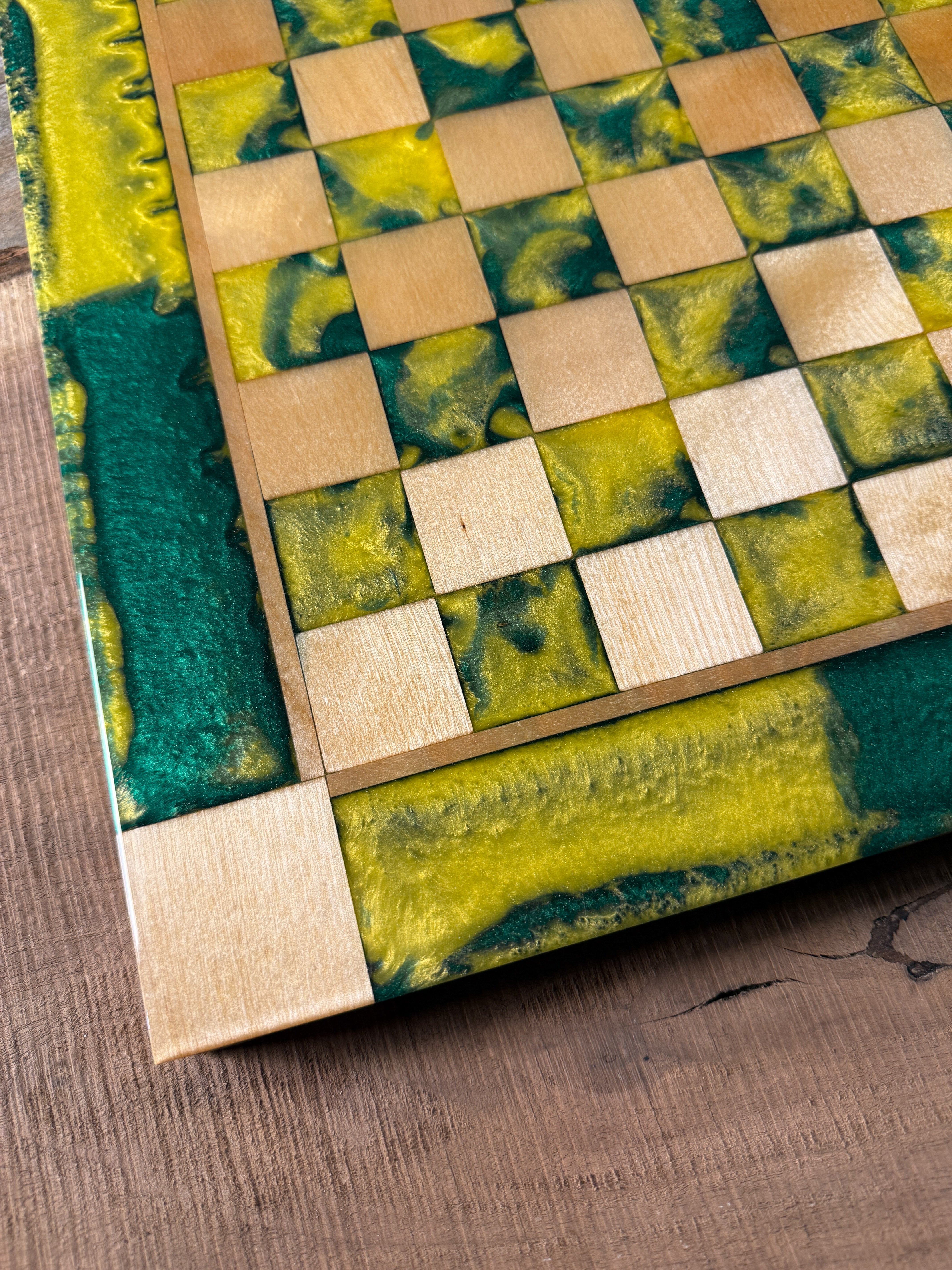 Vivid Golden Emerald Maple Wood Chess Board (Chess Set Included)