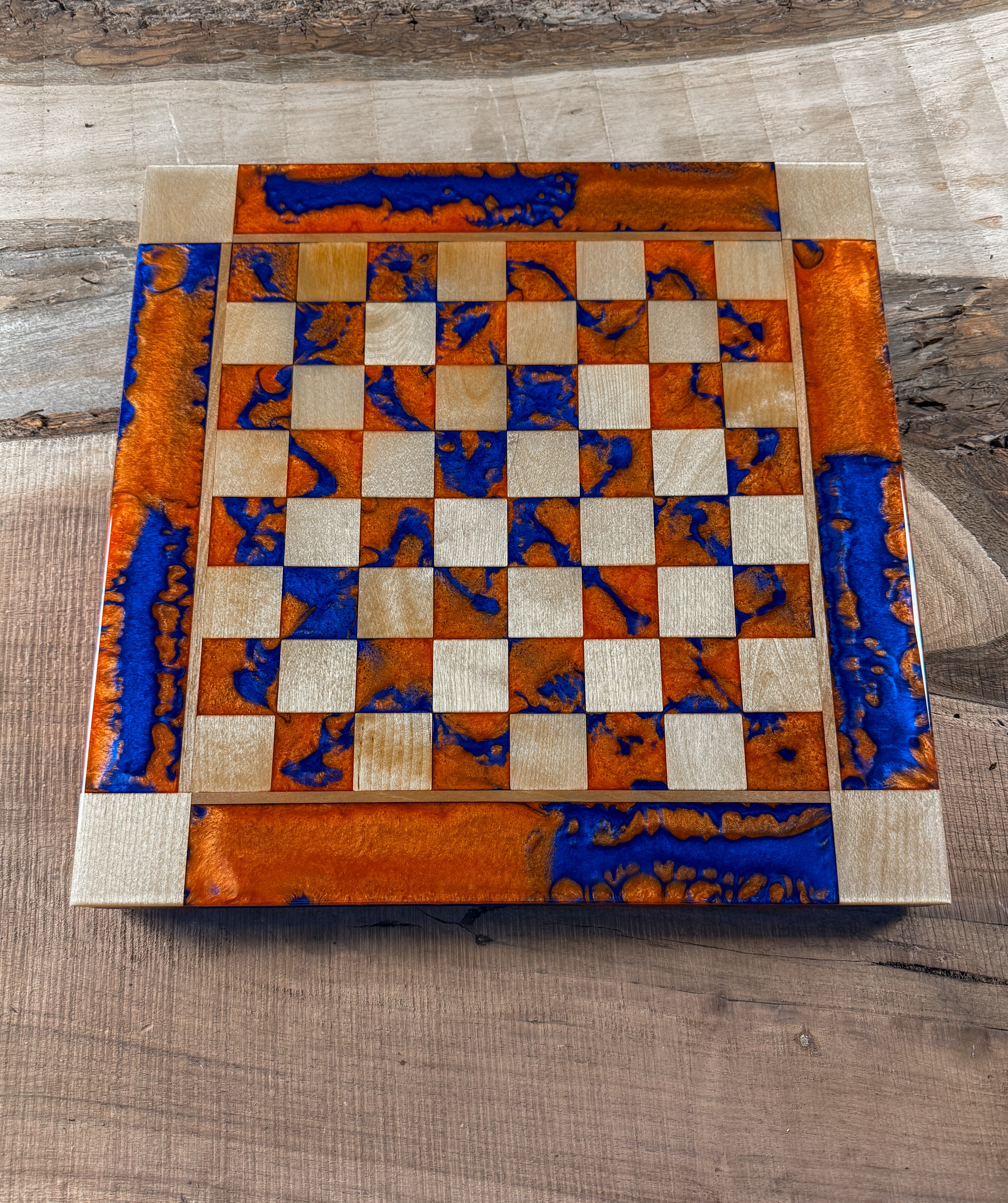 Deep Blue Vivid Orange Maple Wood Chess Board (Chess Set Included)