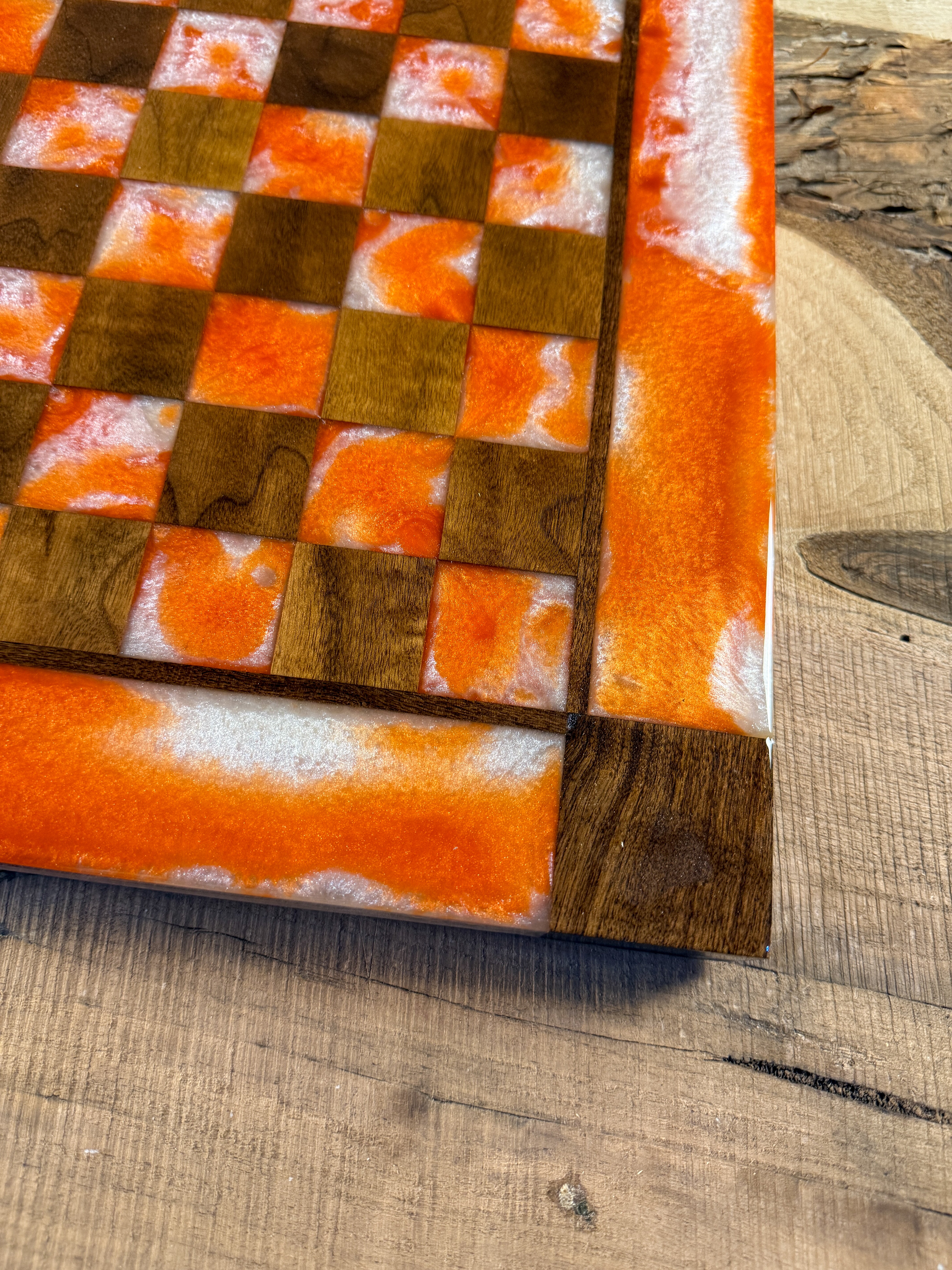 Pearl White Orange Black Walnut Chess Board (Chess Set Included)