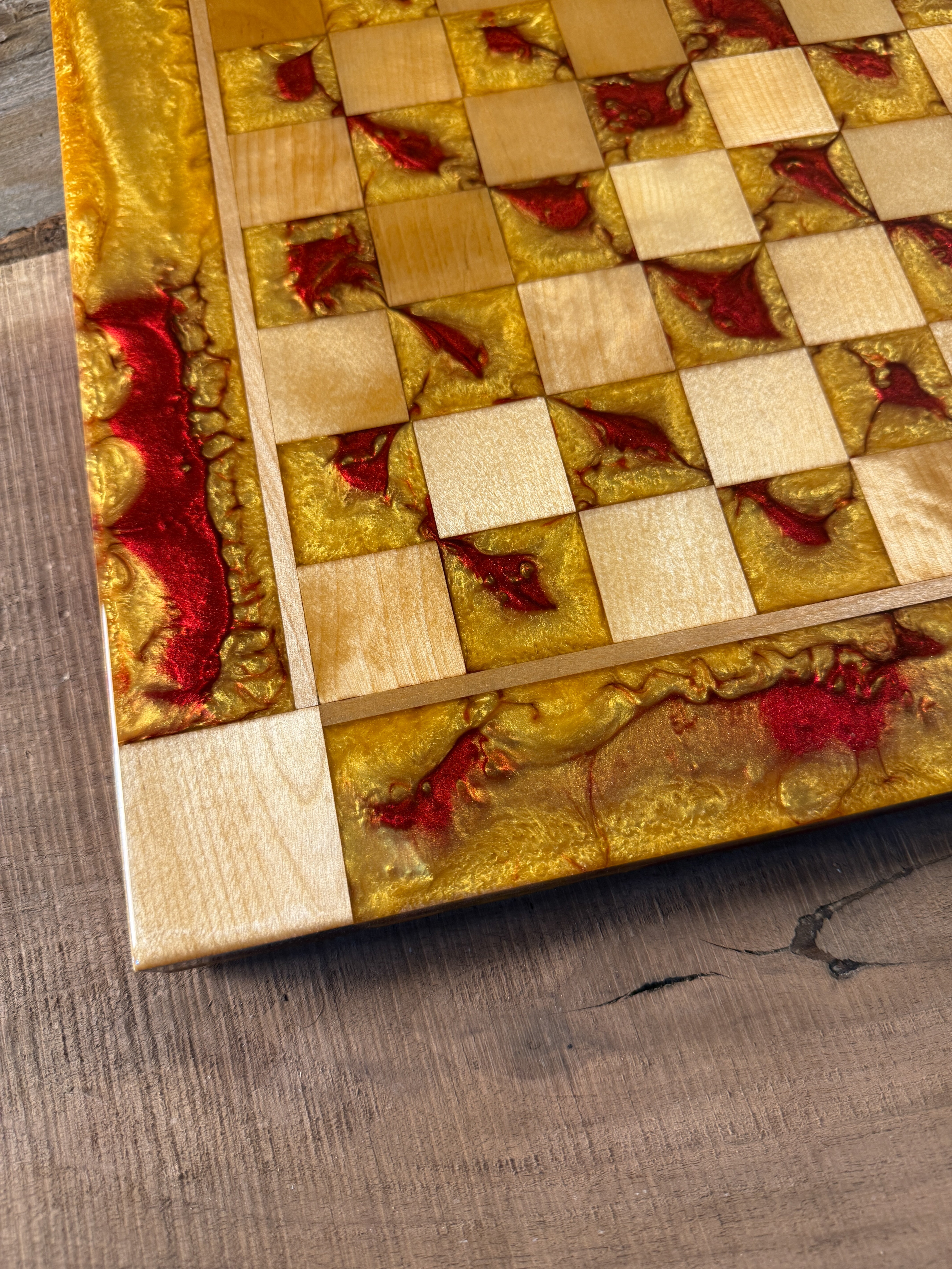 Red Lava Golden Maple Wood Chess Board (Chess Set Included)