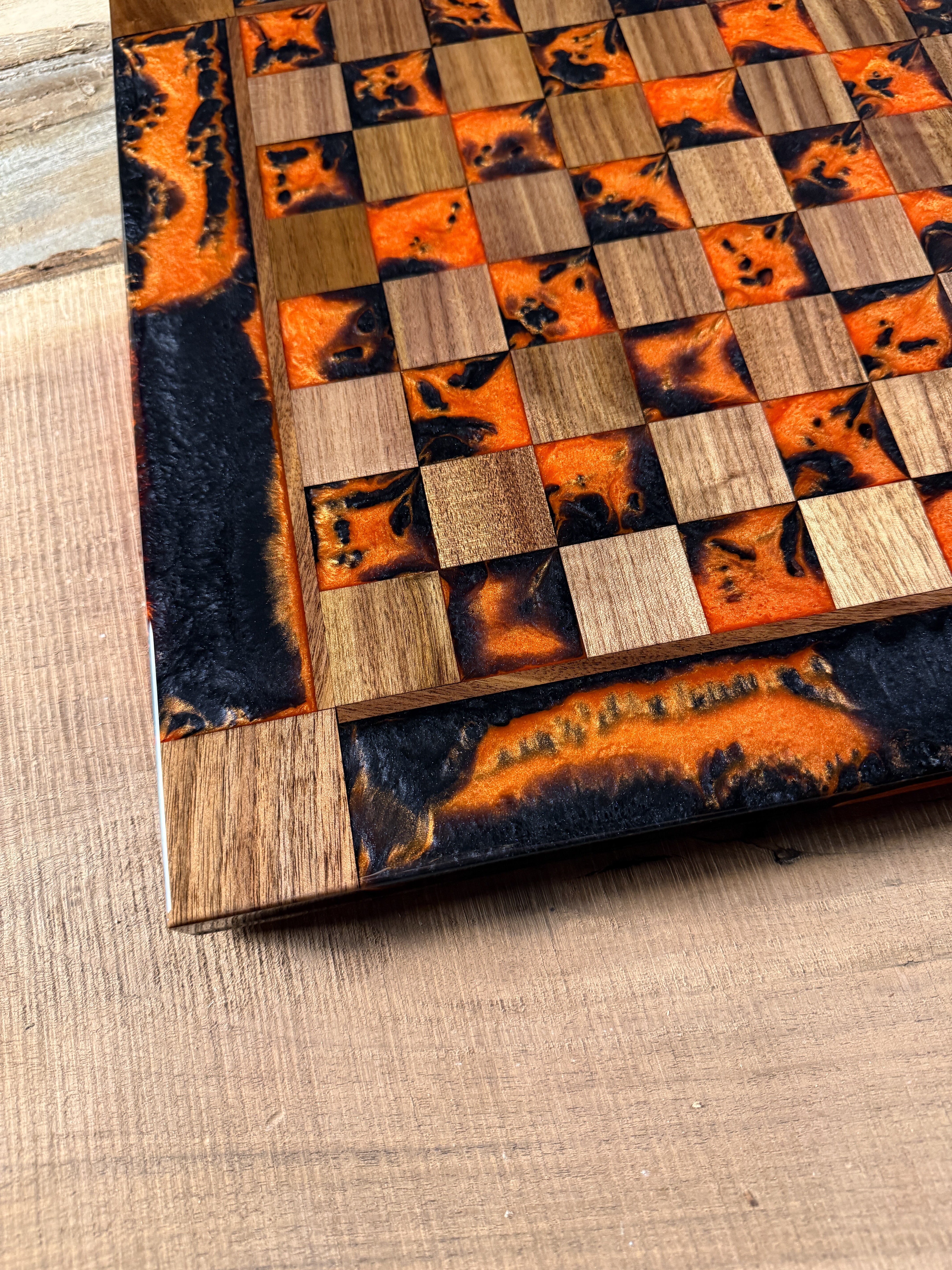 Vivid Orange Black Onyx Walnut Chess Board