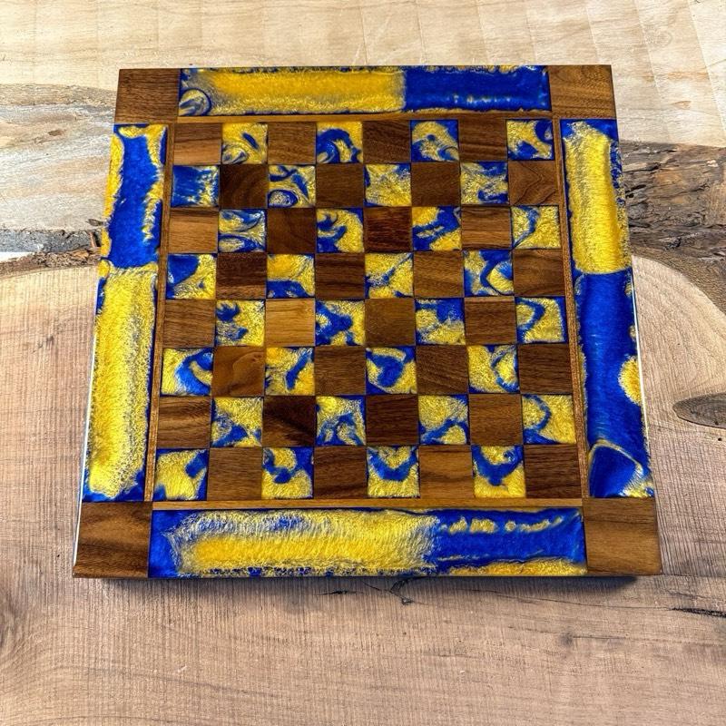 Golden Deep Blue Walnut Wood Chess Board (INCLUDES PIECES)