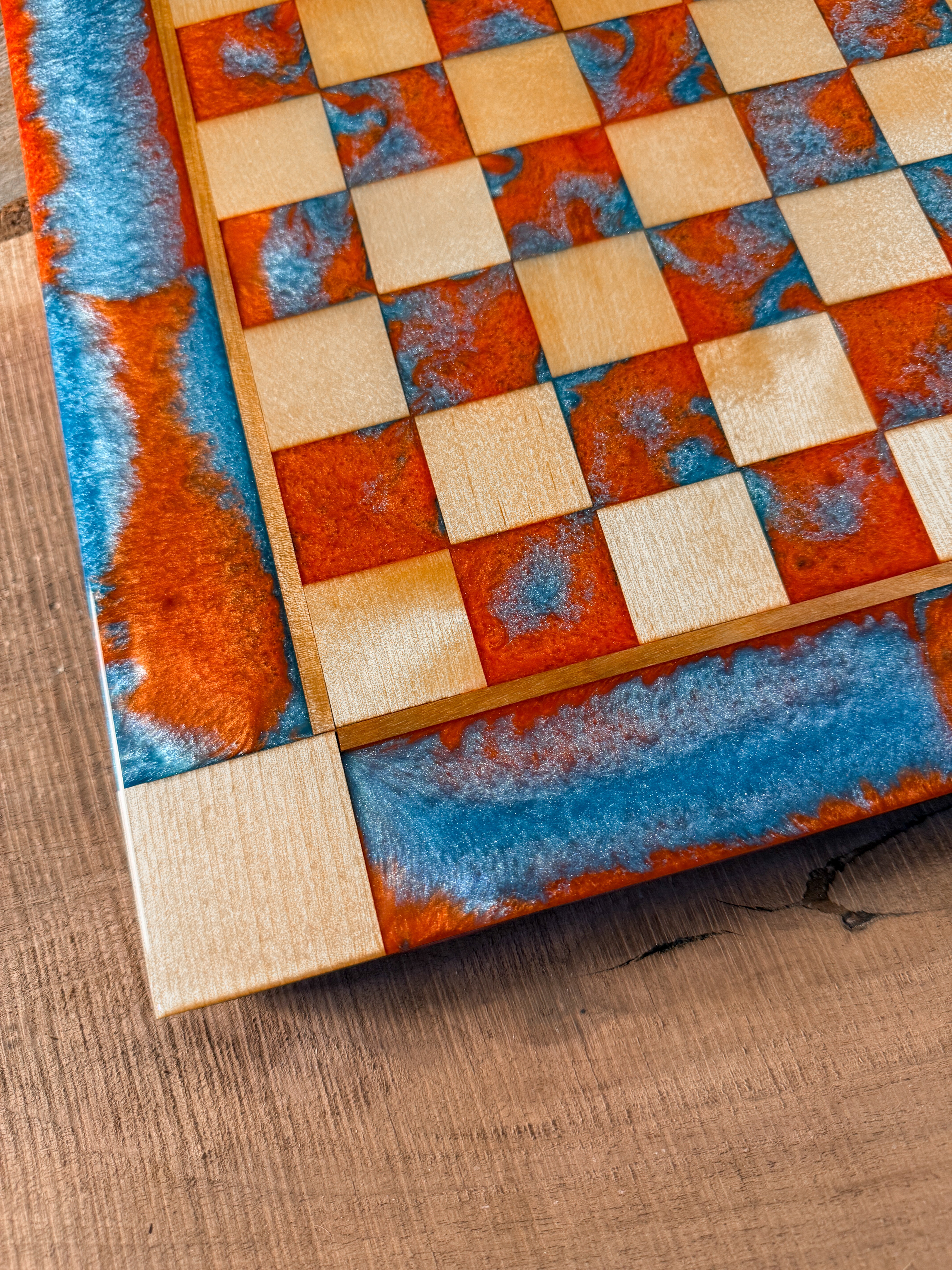 Vivid Orange Teal Maple Wood Chess Board (Chess Set Included)
