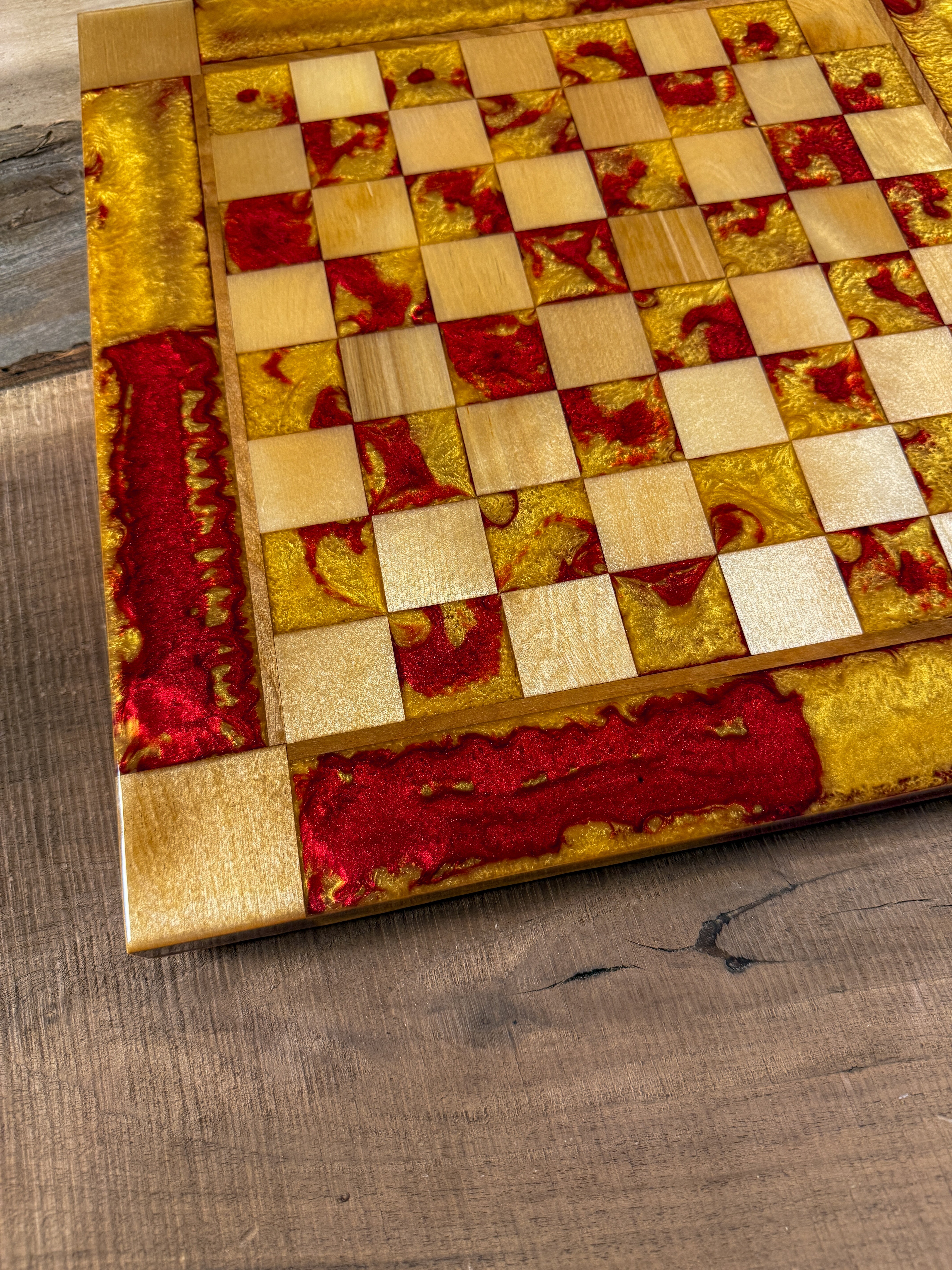Red Lava Golden Maple Wood Chess Board