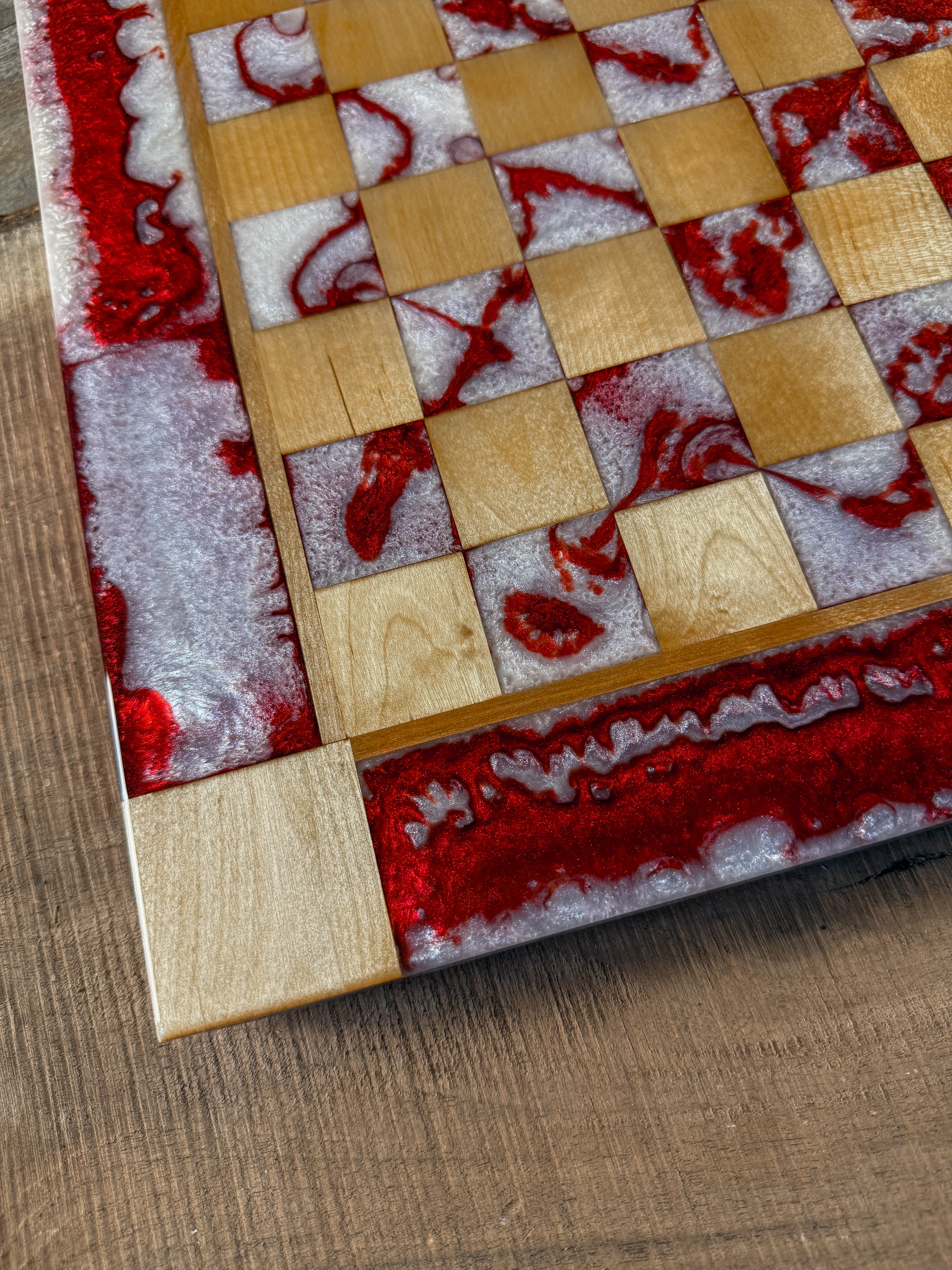 Red Lava Pearl White Maple Wood Chess Board (INCLUDES PIECES)
