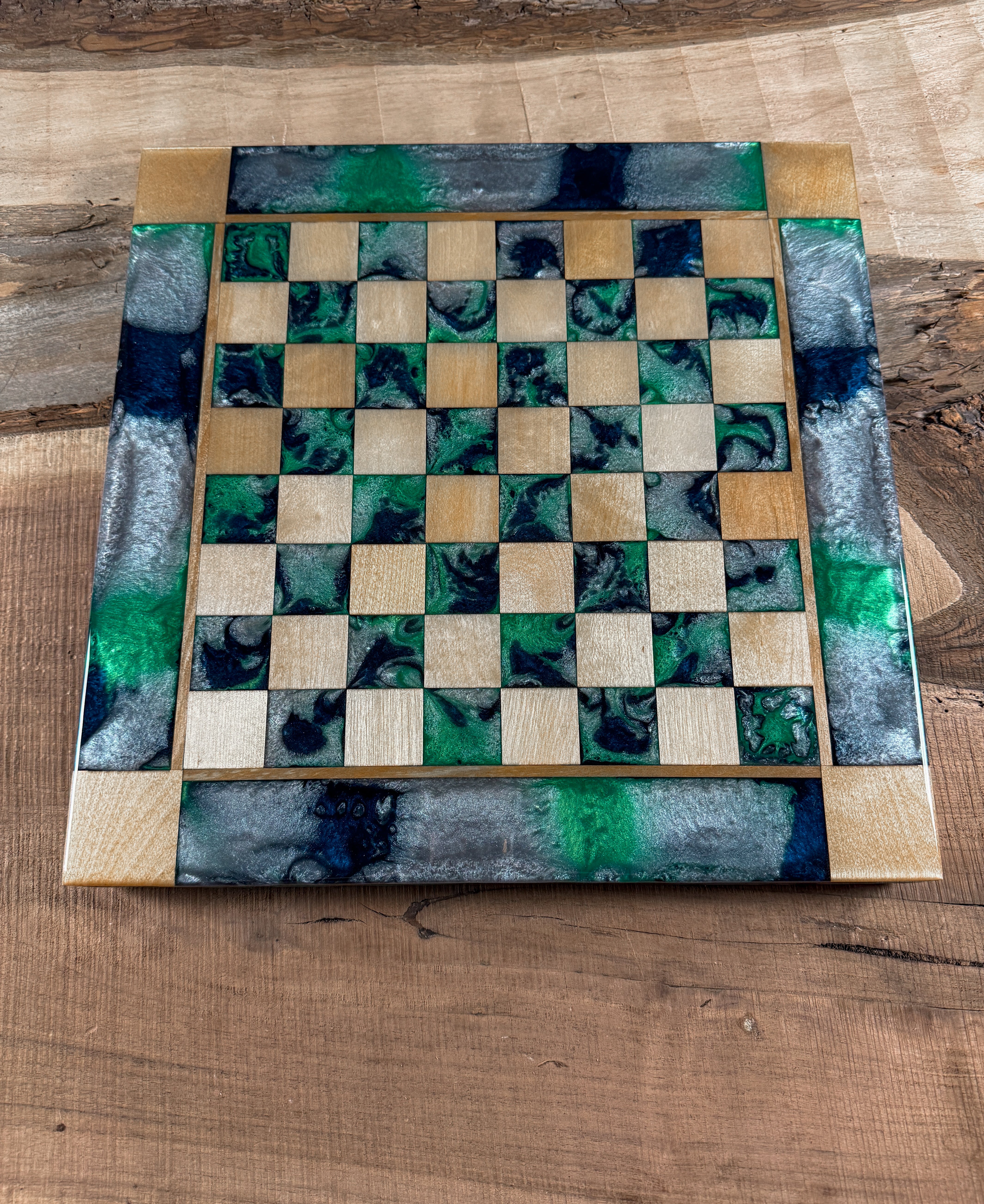 Midnight Silver Green Maple Wood Chess Board
