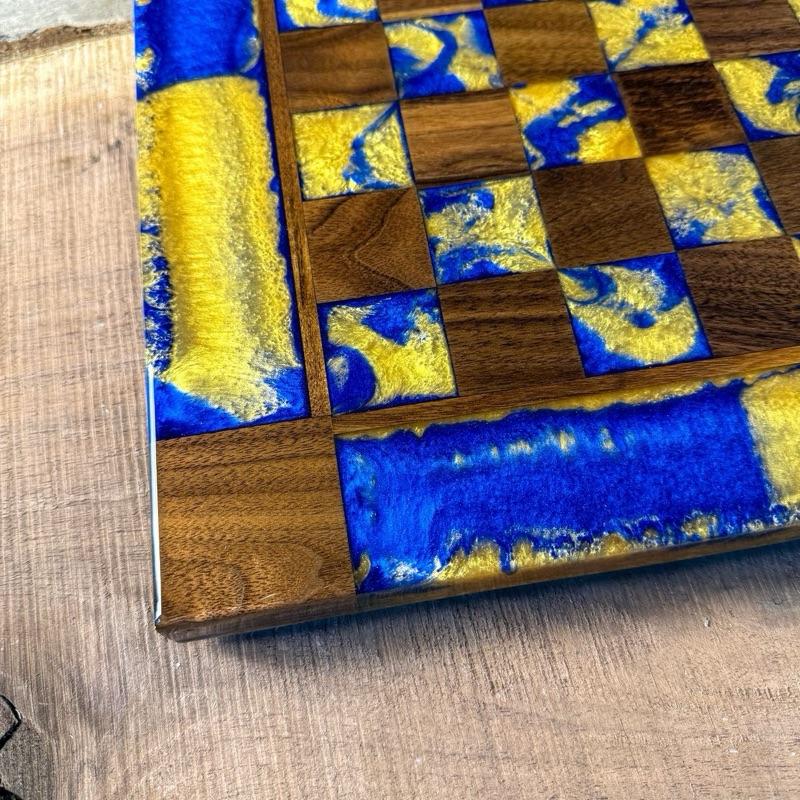 Golden Deep Blue Walnut Wood Chess Board (INCLUDES PIECES)