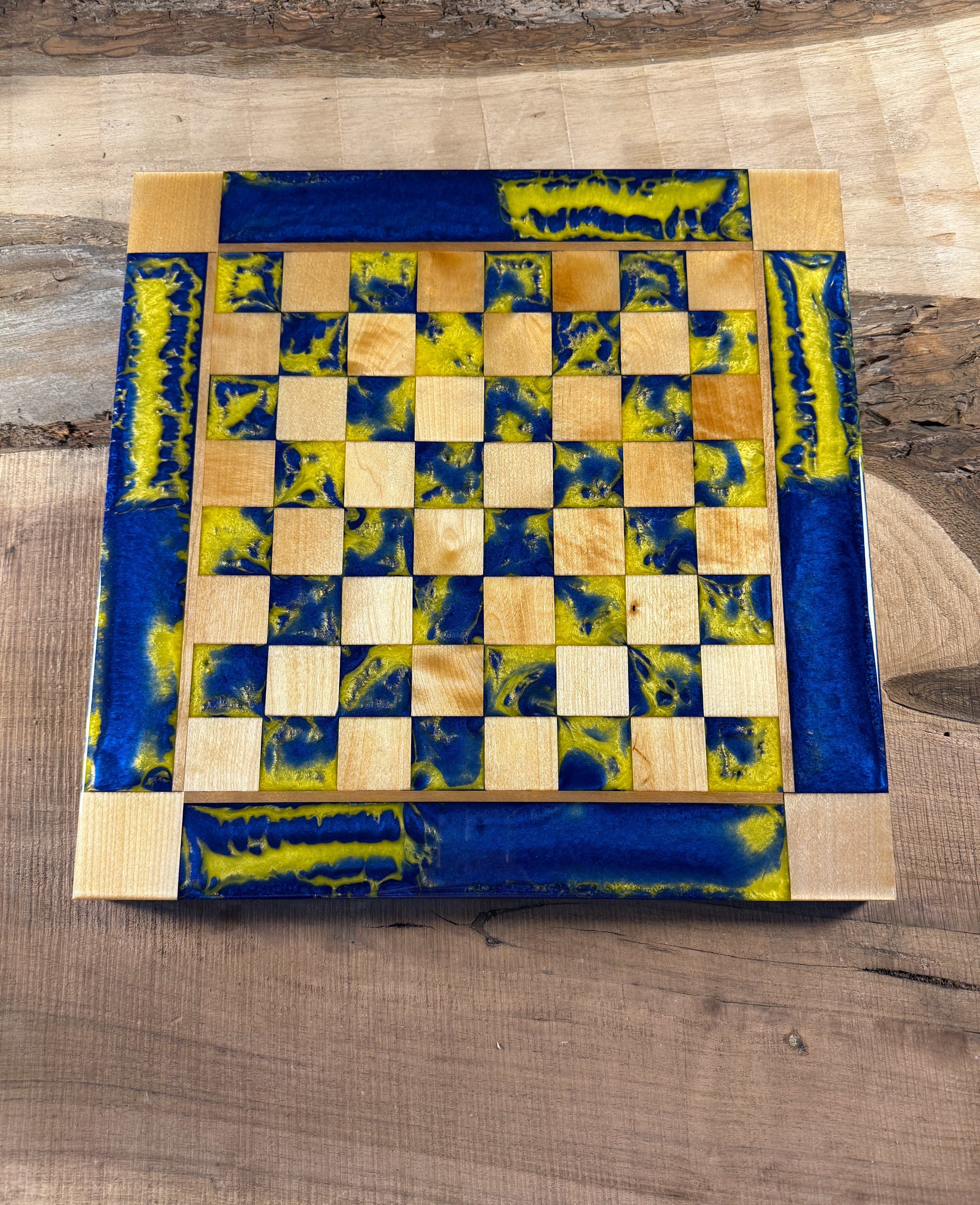 Vivid Yellow Deep Blue Maple Wood Chess Board (Chess Set Included)
