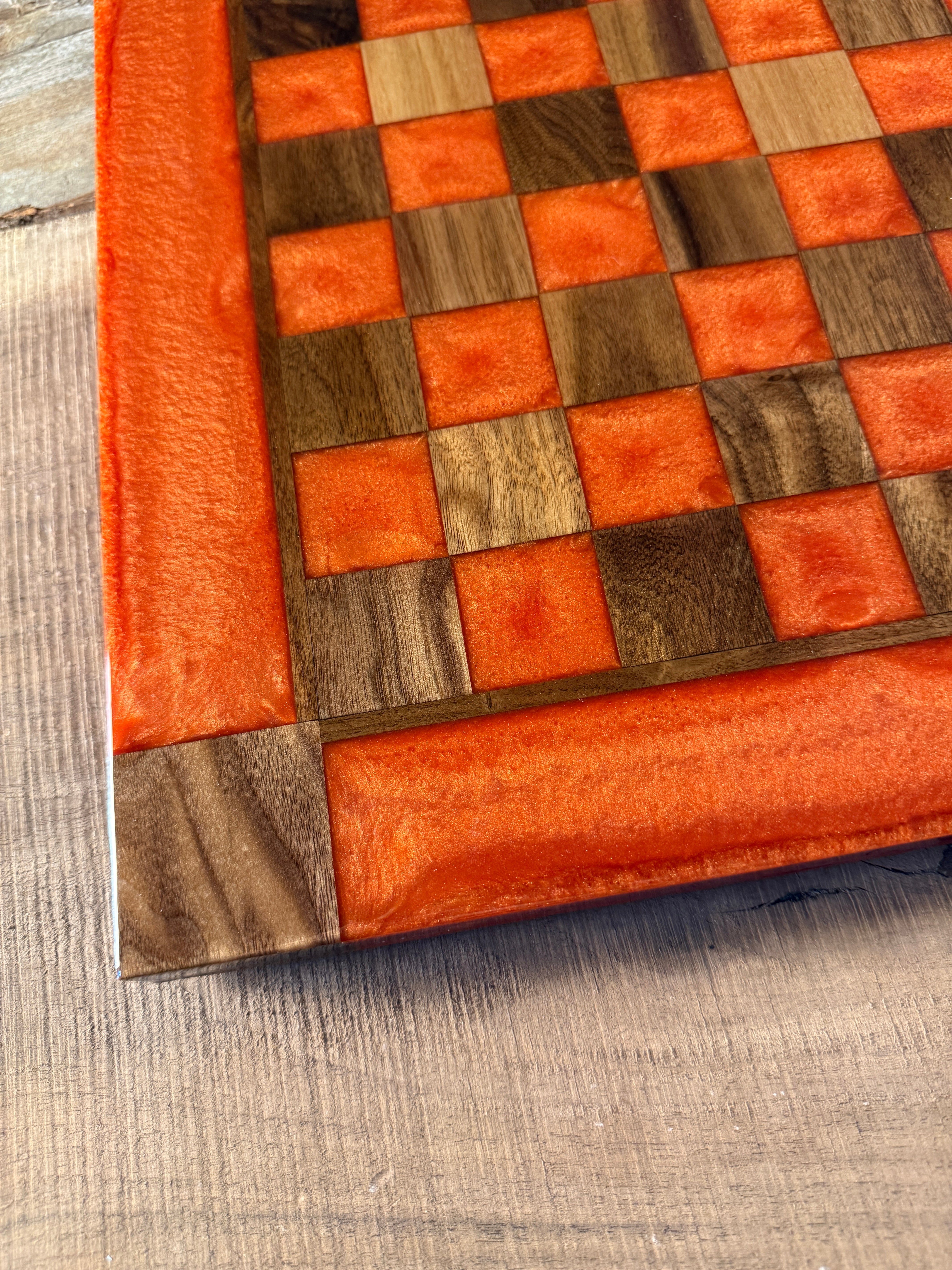 Vivid Orange Black Walnut Chess Board (Chess Set Included)
