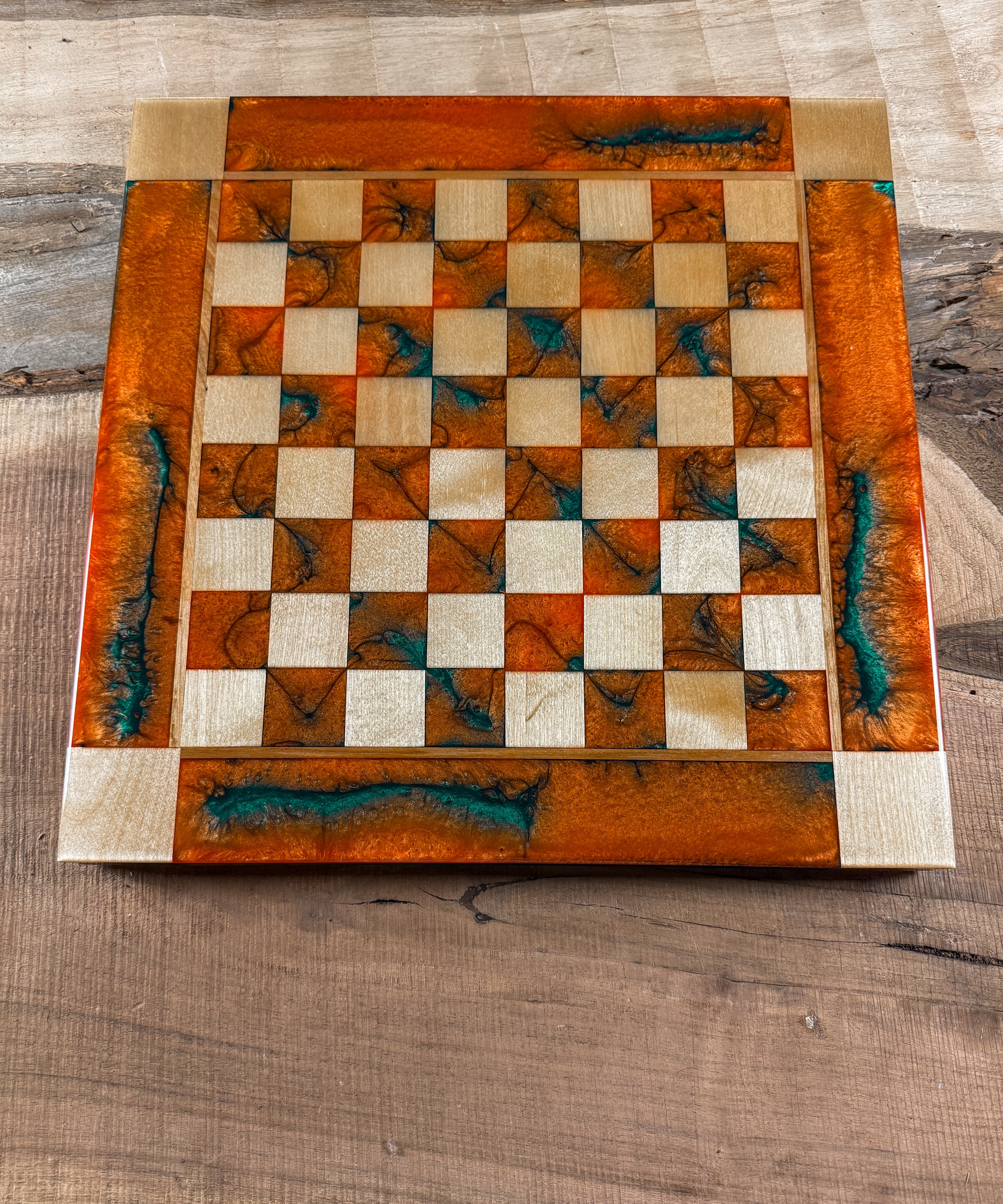 Vivid Orange/Emerald Green Maple Wood Chess Board (INCLUDES CHESS PIECES)