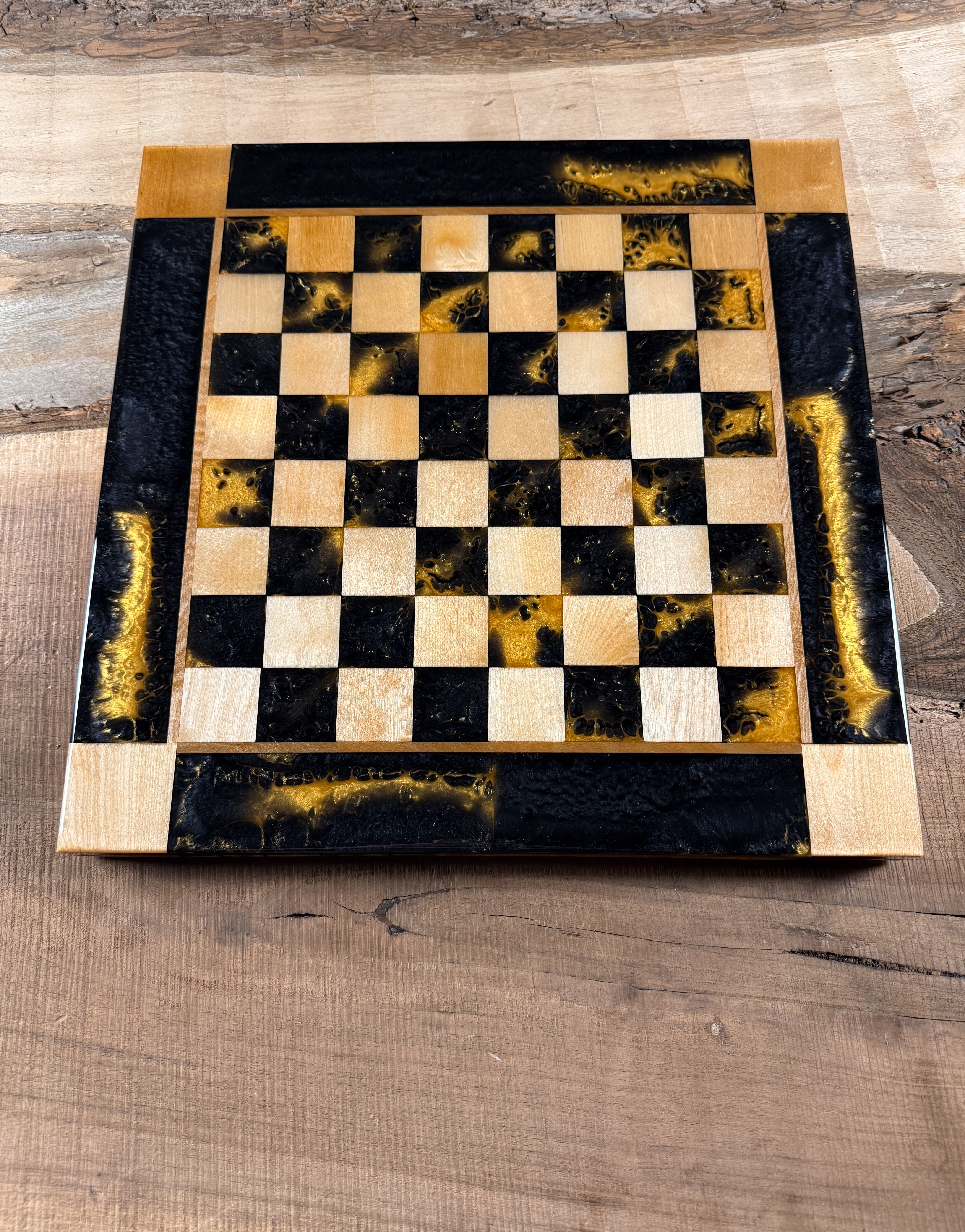 Golden Black Onyx Maple Wood Chess Board (Chess Set Included)