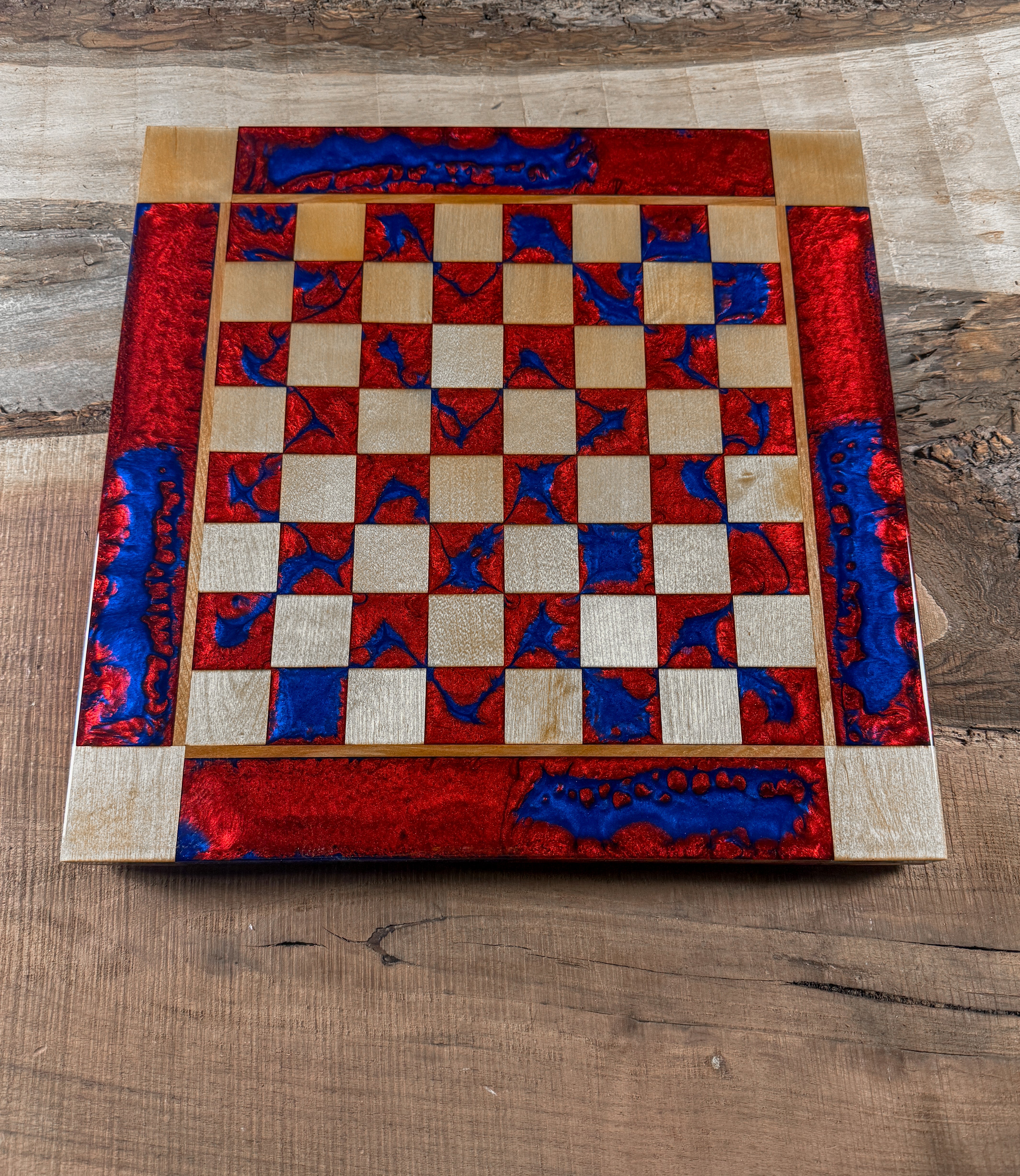 Deep Blue Red Lava Maple Wood Chess Board (Chess Set Included)