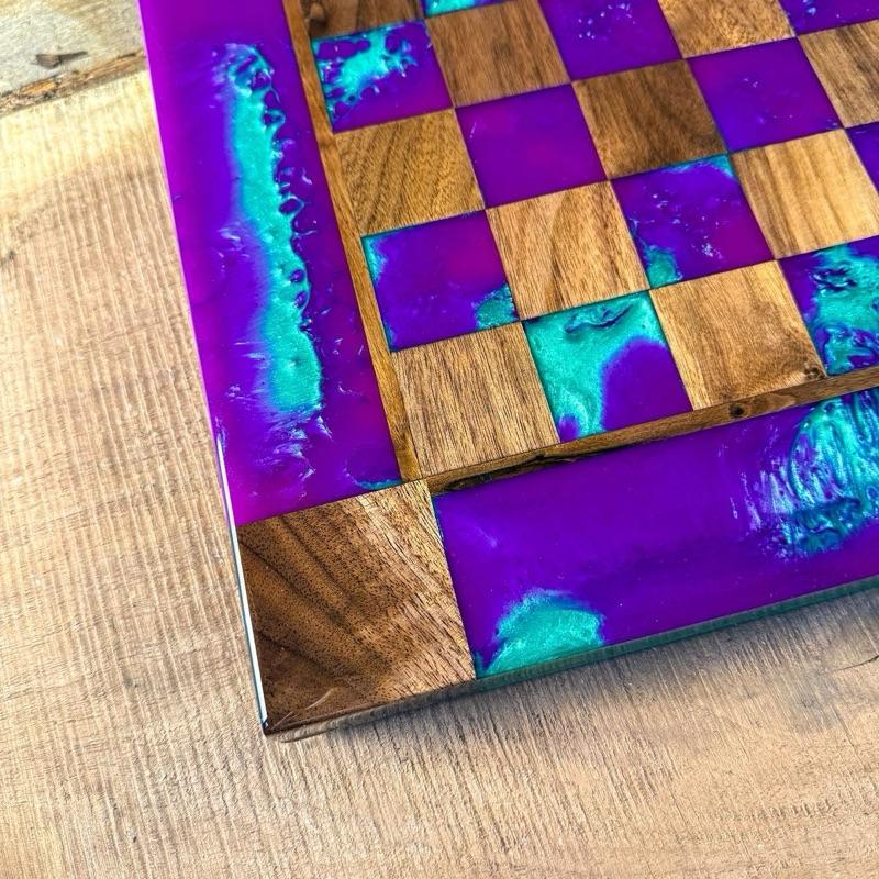 “The Joker” Florescent Purple/Jungle Green Walnut Wood Chess Board (INCLUDES PIECES)