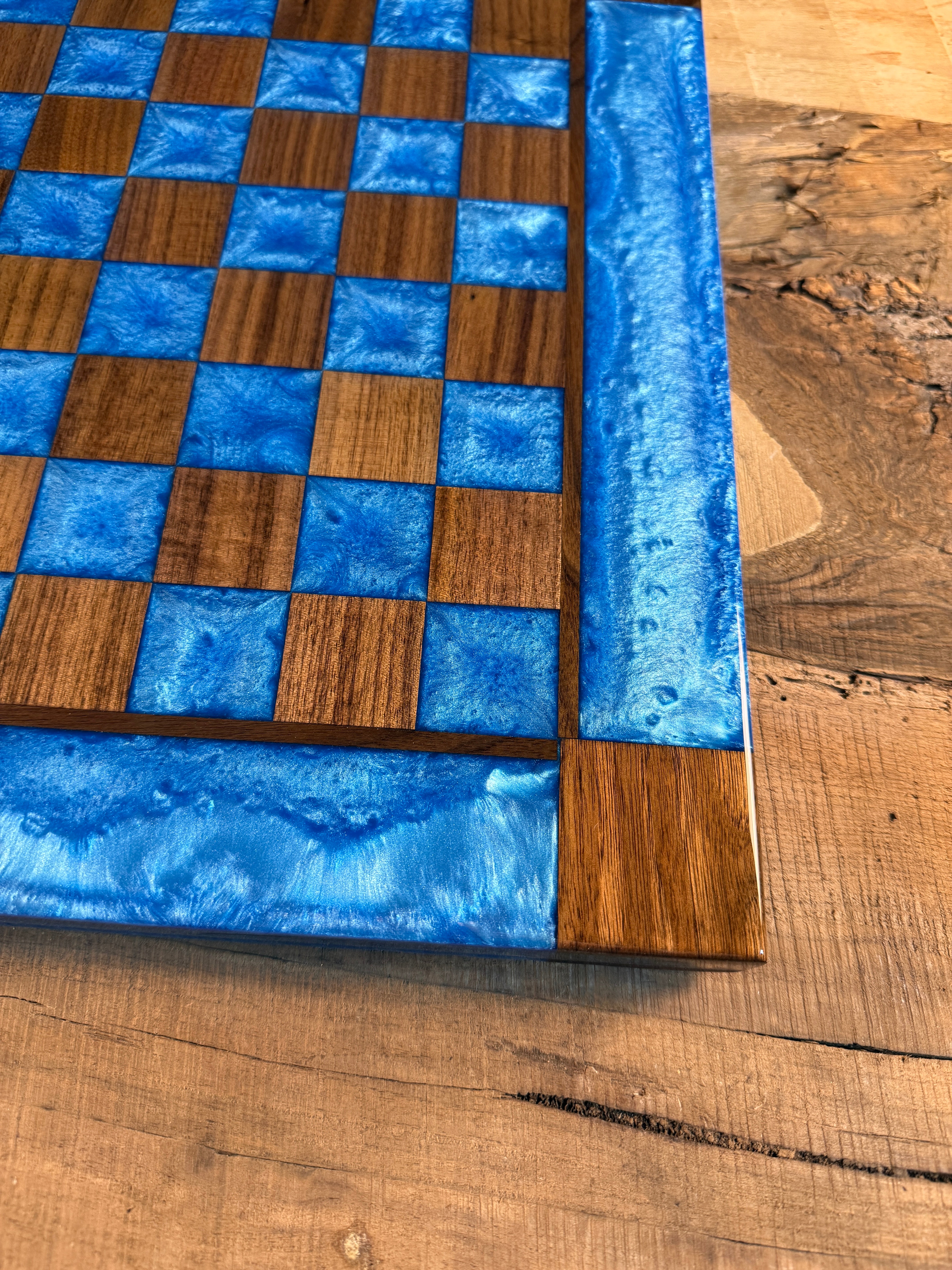Caribbean Blue Black Walnut Chess Board (Chess Set Included)