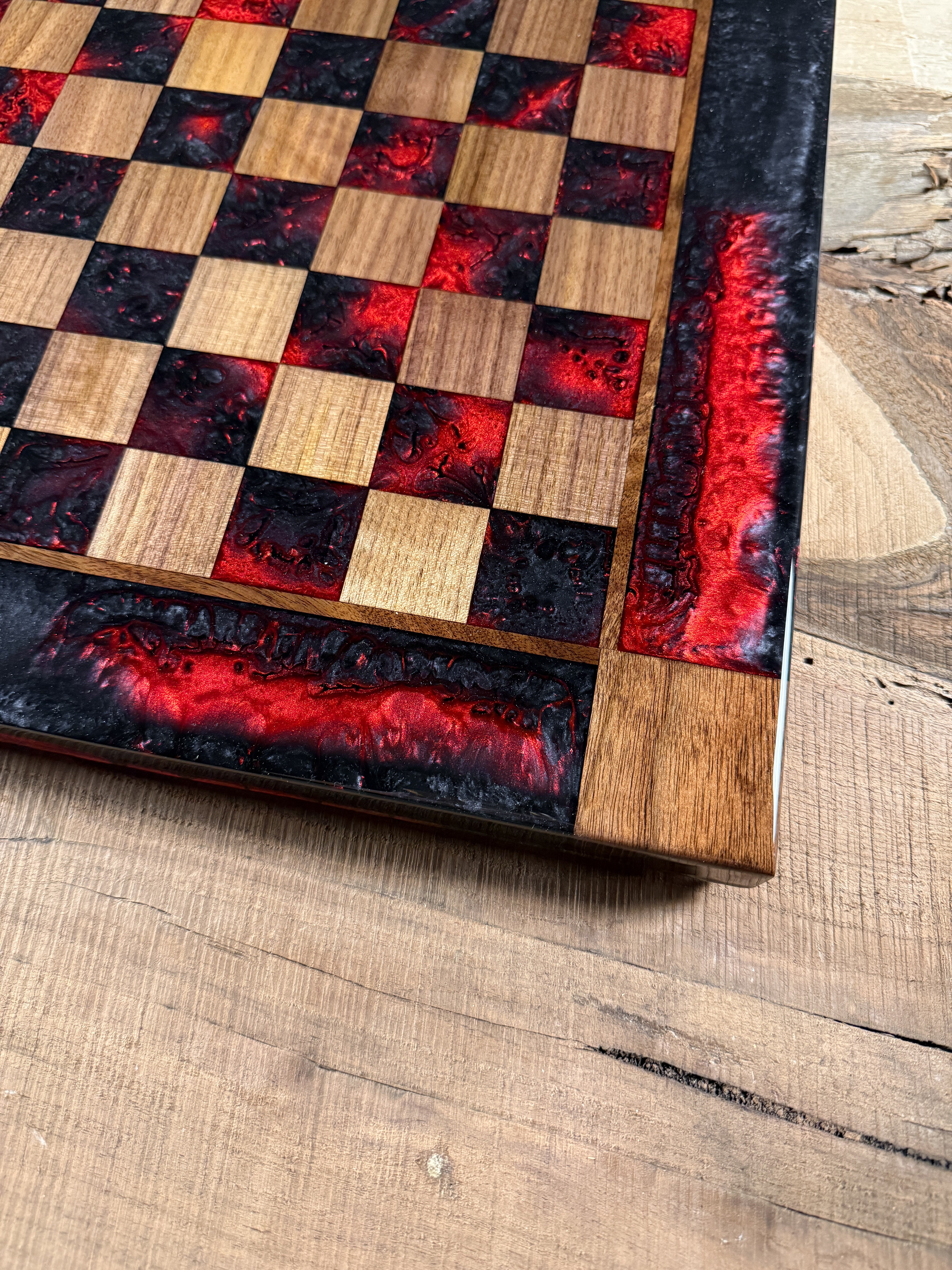 Black Onyx Red Lava Black Walnut Chess Board (INCLUDES PIECES)