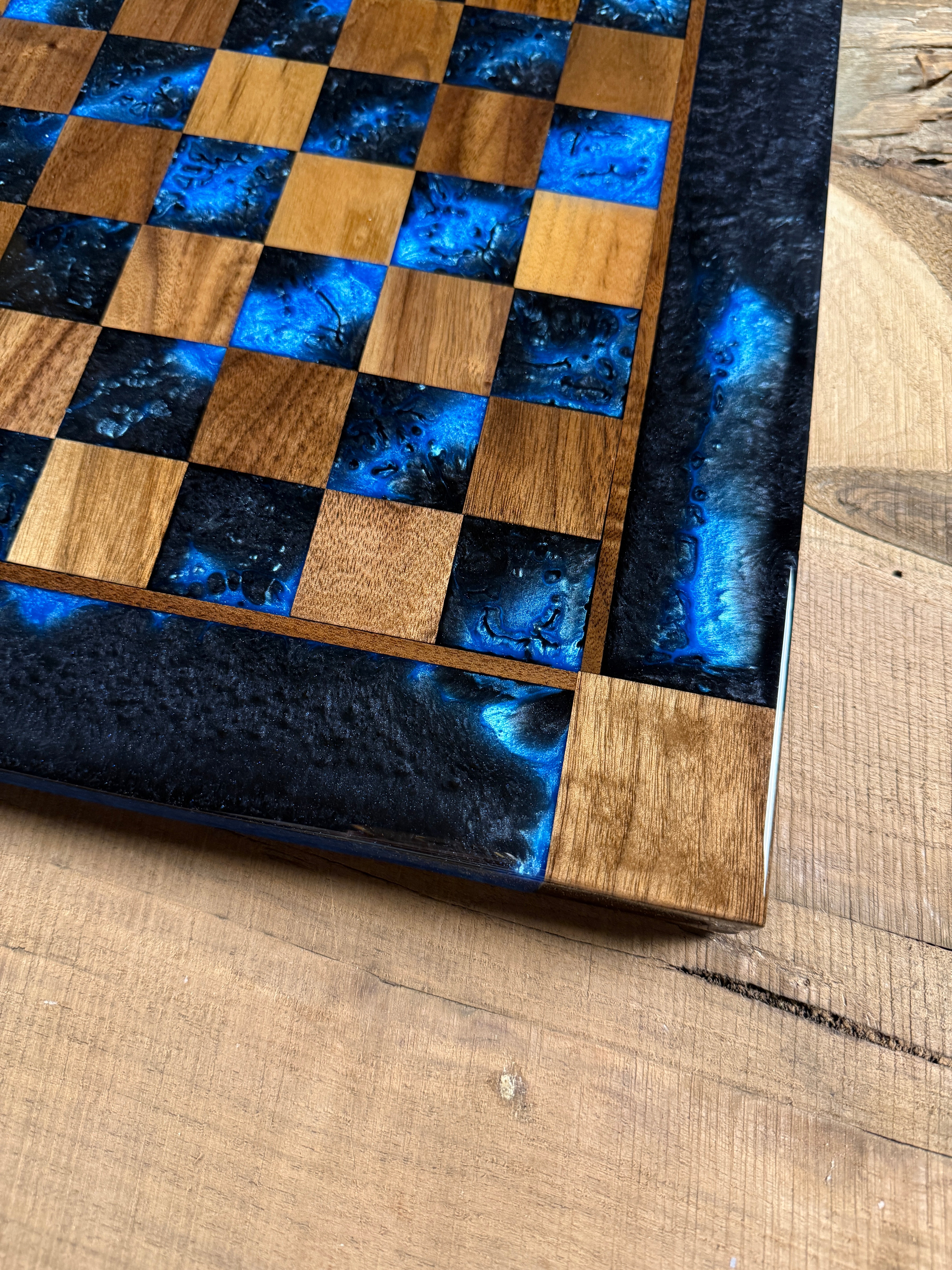 Caribbean Blue Black Onyx Walnut Chess Board (INCLUDES PIECES)