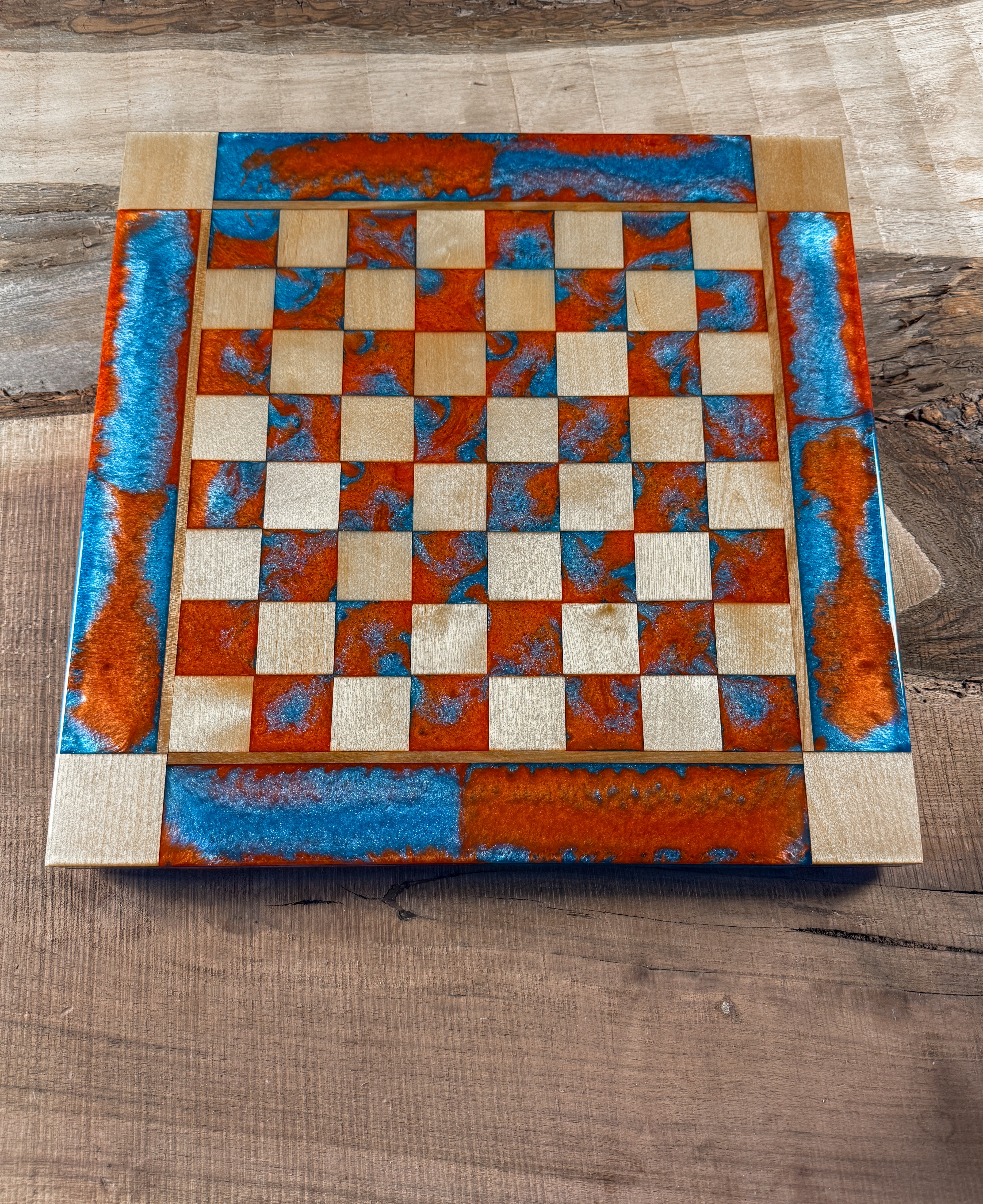 Vivid Orange Teal Maple Wood Chess Board (Chess Set Included)