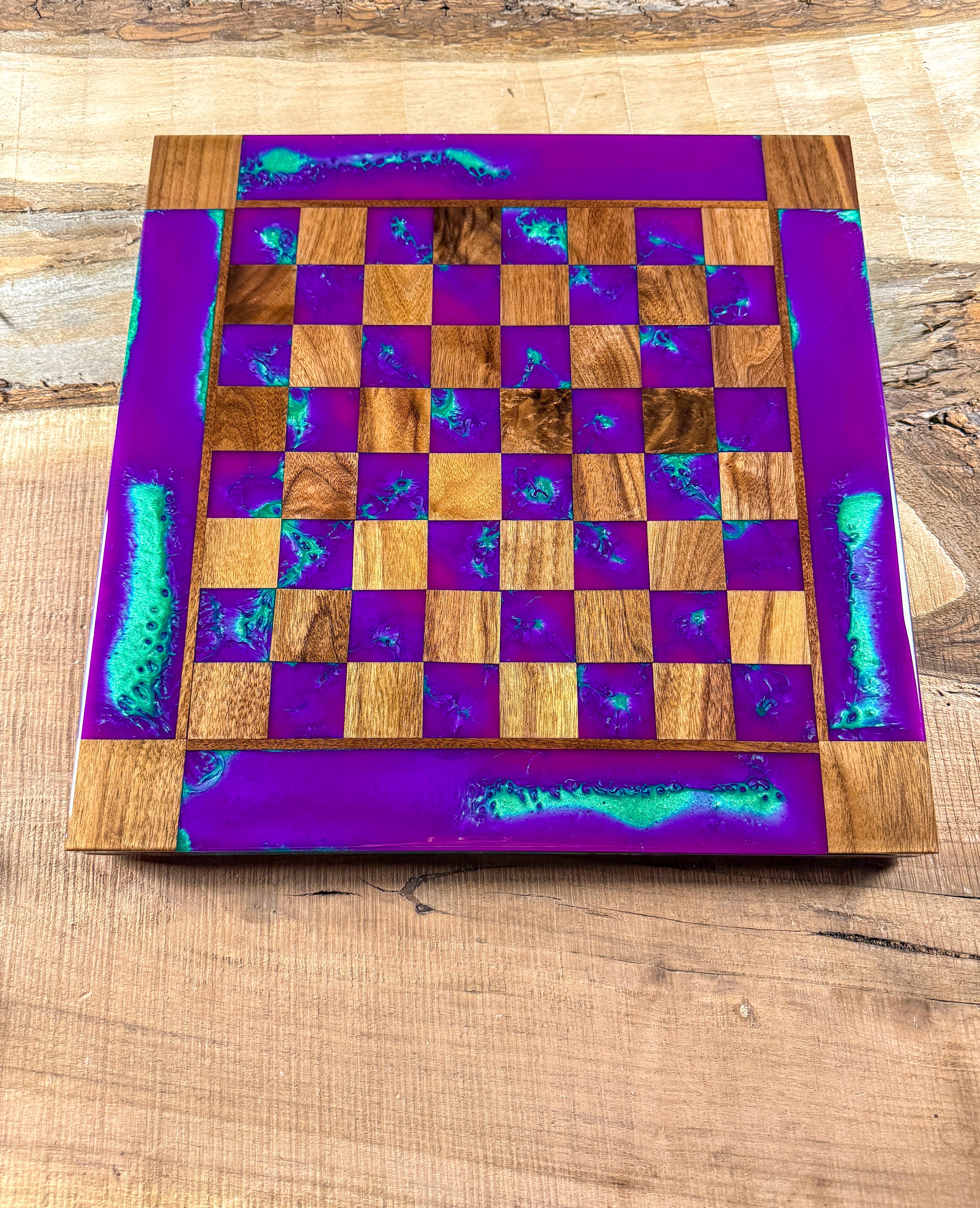 “The Joker” Florescent Purple/Jungle Green Walnut Wood Chess Board (INCLUDES PIECES)
