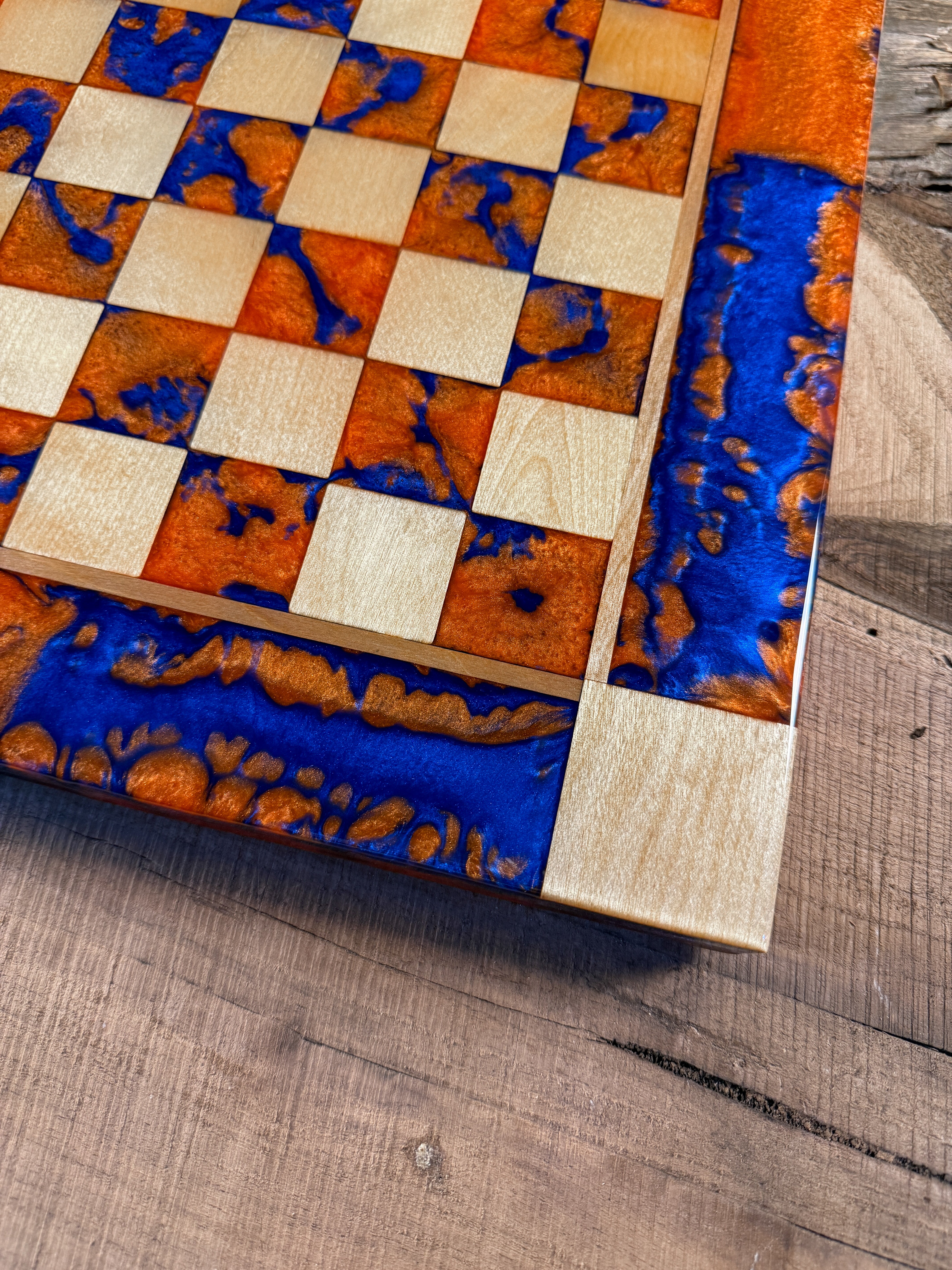 Deep Blue Vivid Orange Maple Wood Chess Board (Chess Set Included)