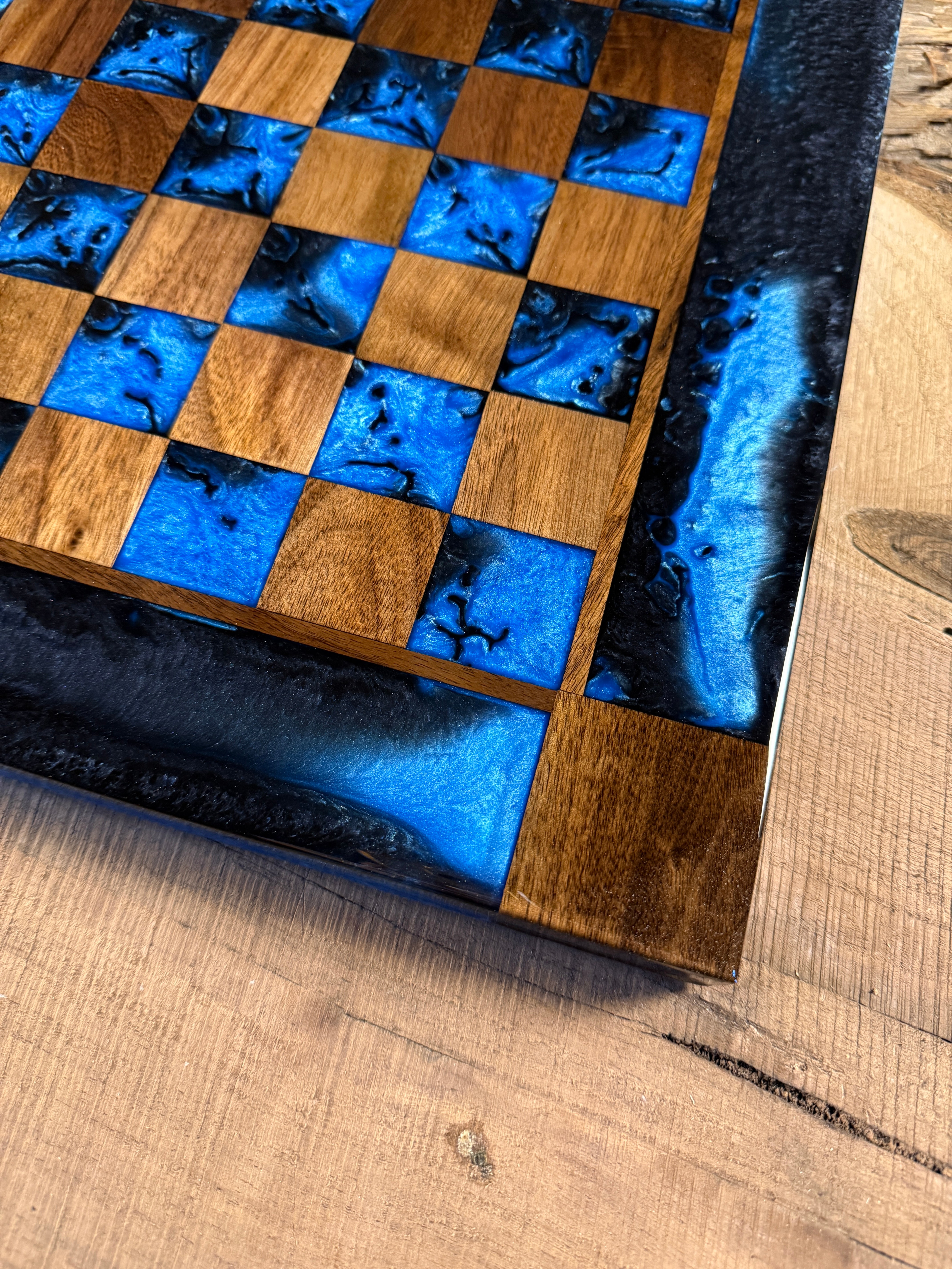 Caribbean Blue Black Onyx Walnut Chess Board (INCLUDES PIECES)