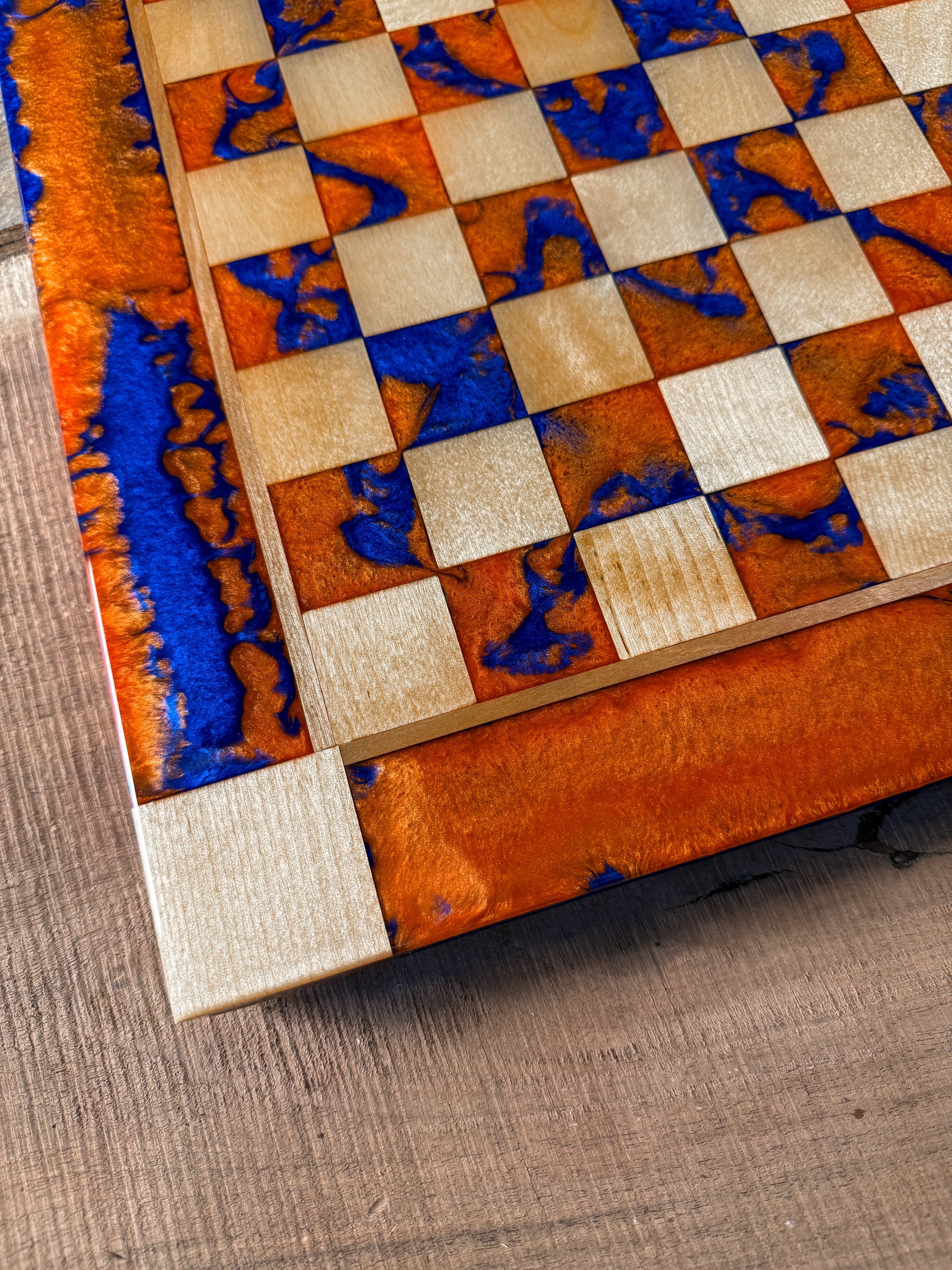 Deep Blue Vivid Orange Maple Wood Chess Board (Chess Set Included)