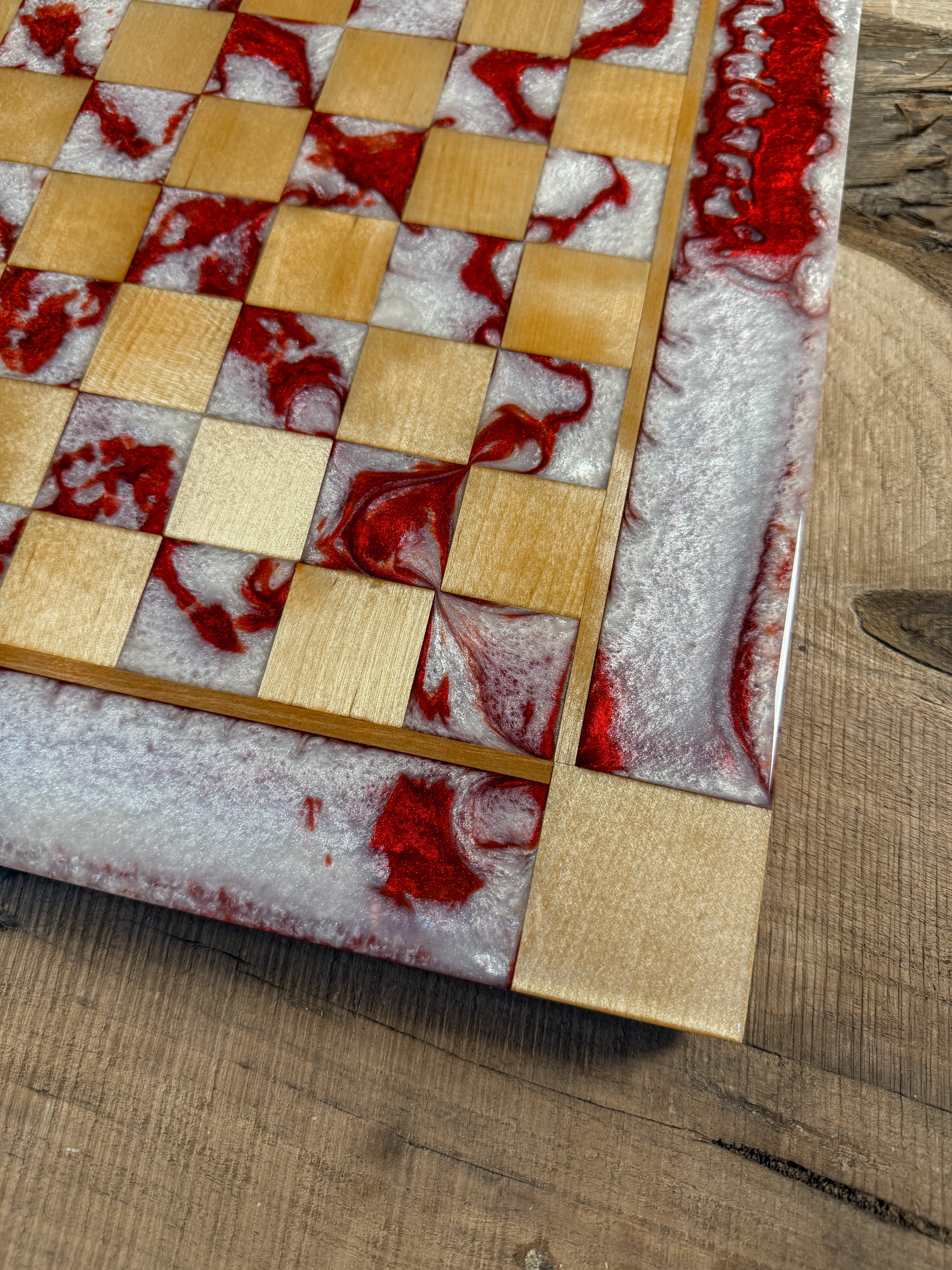 Red Lava Pearl White Maple Wood Chess Board (INCLUDES PIECES)