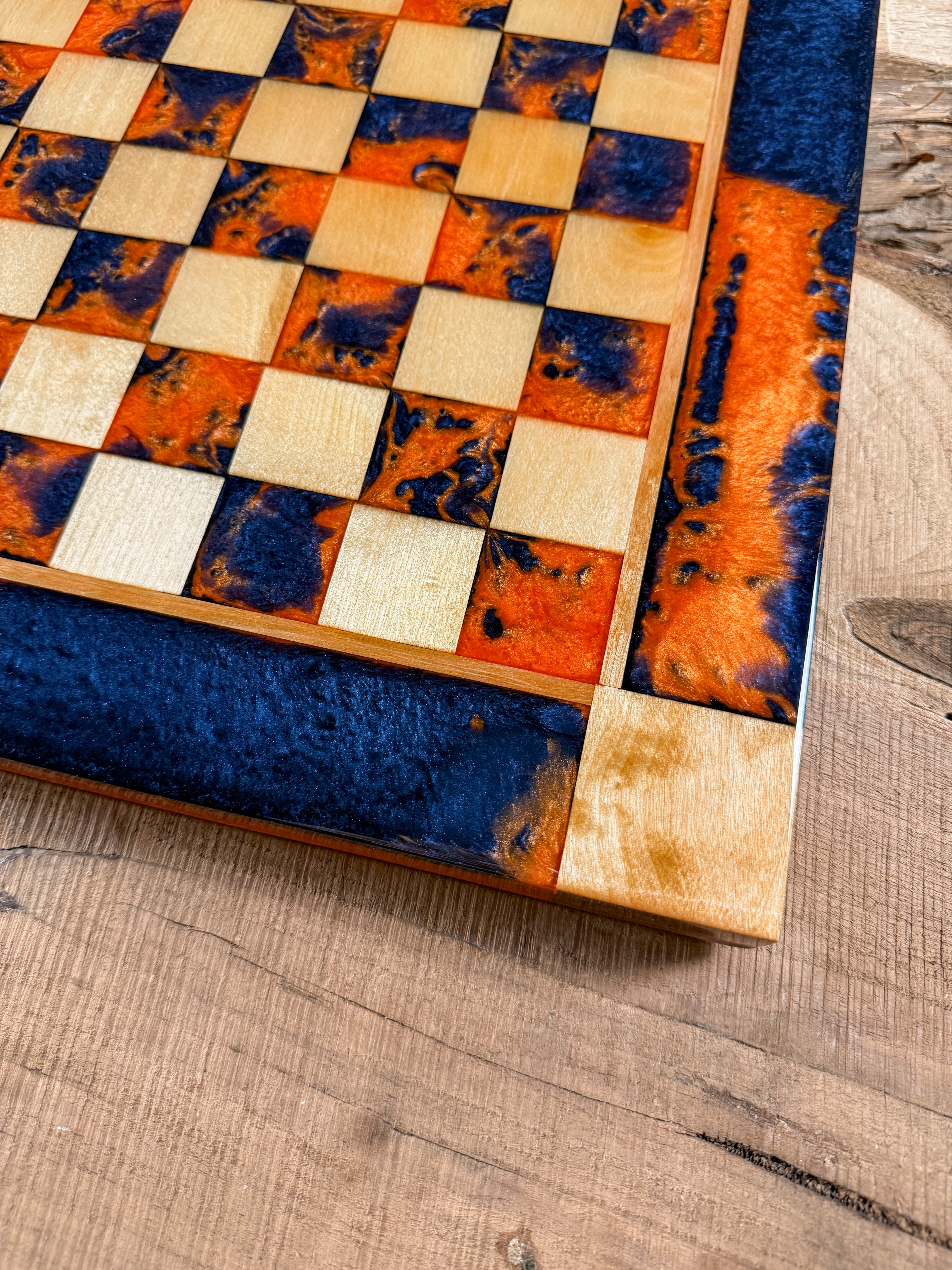 Vivid Orange Dark Blue Maple Wood Chess Checker Board (Chess Set Included)