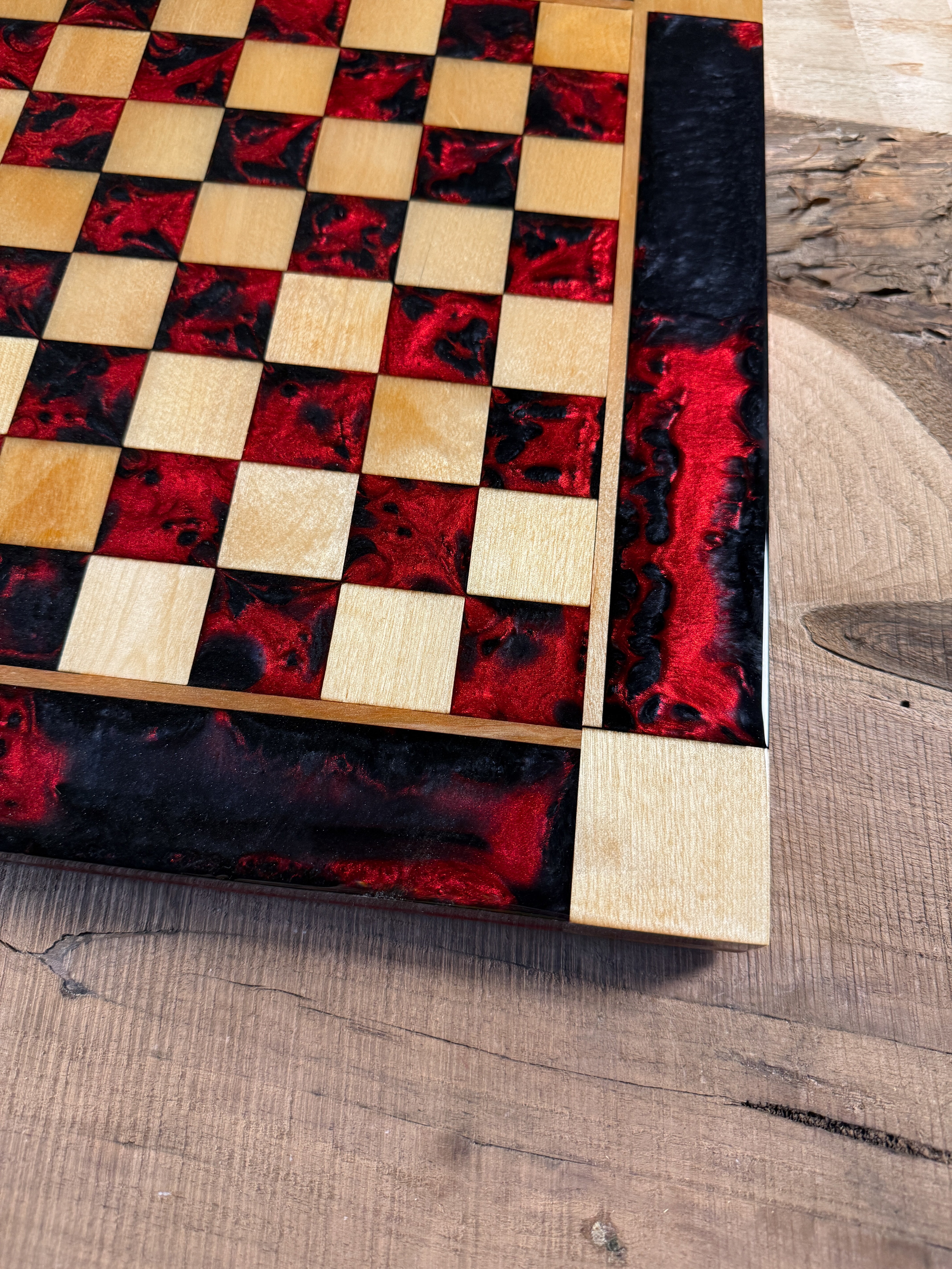 Red and Black Maple Wood Chess Board (Chess Set Included)