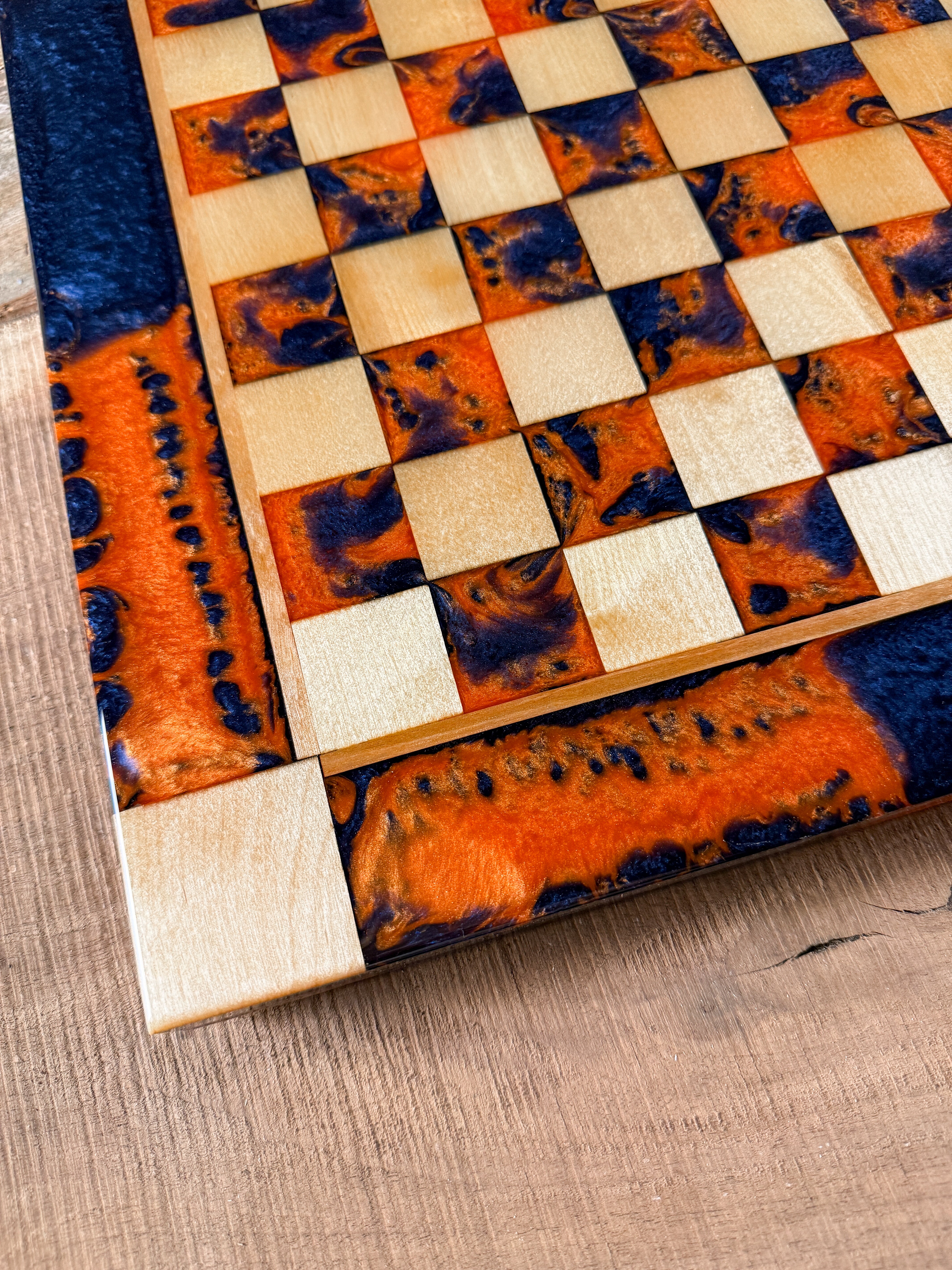 Vivid Orange Dark Blue Maple Wood Chess Checker Board (Chess Set Included)