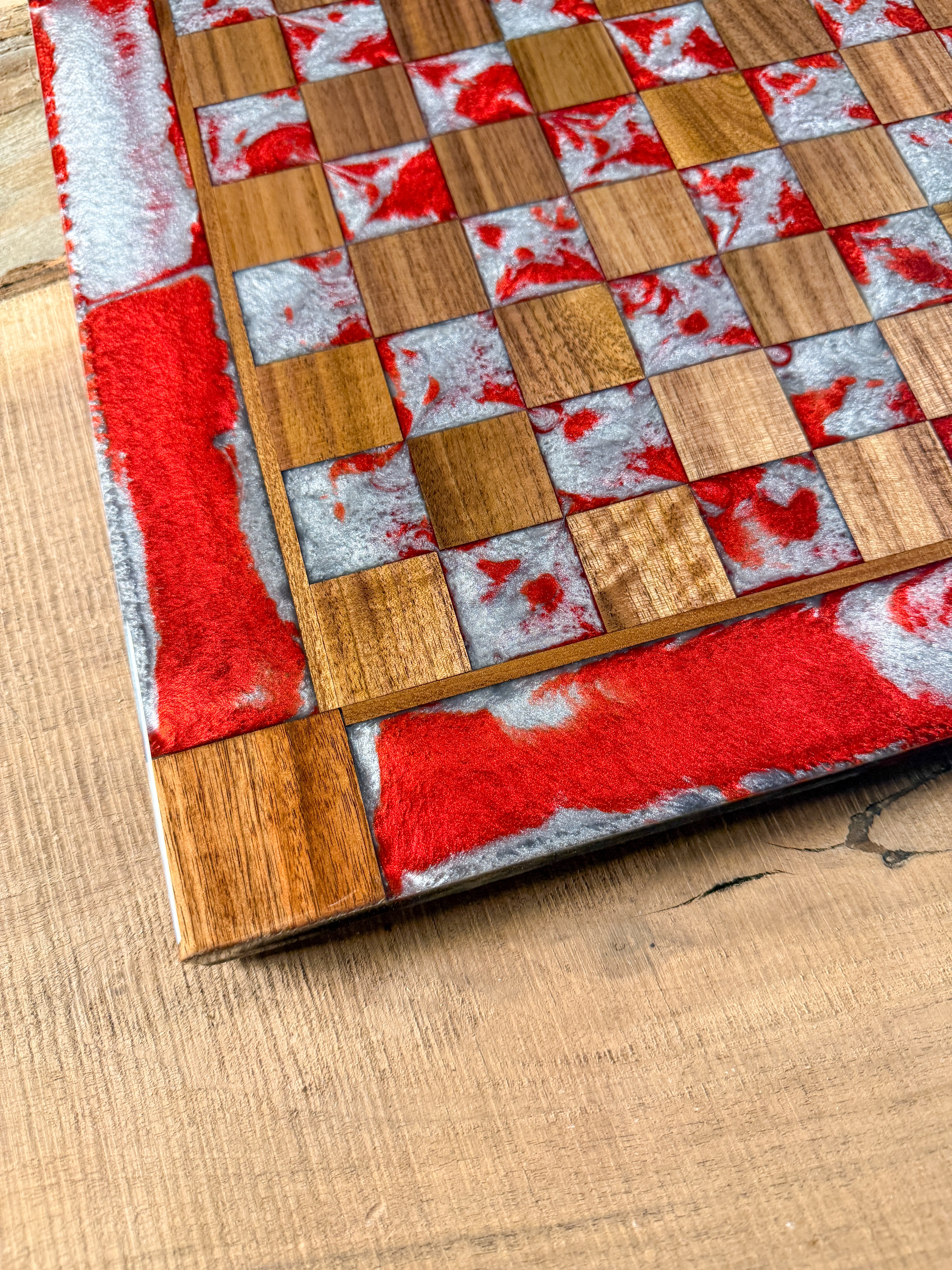 Silver Red Cloud Walnut Wood Chess Board (INCLUDES PIECES)